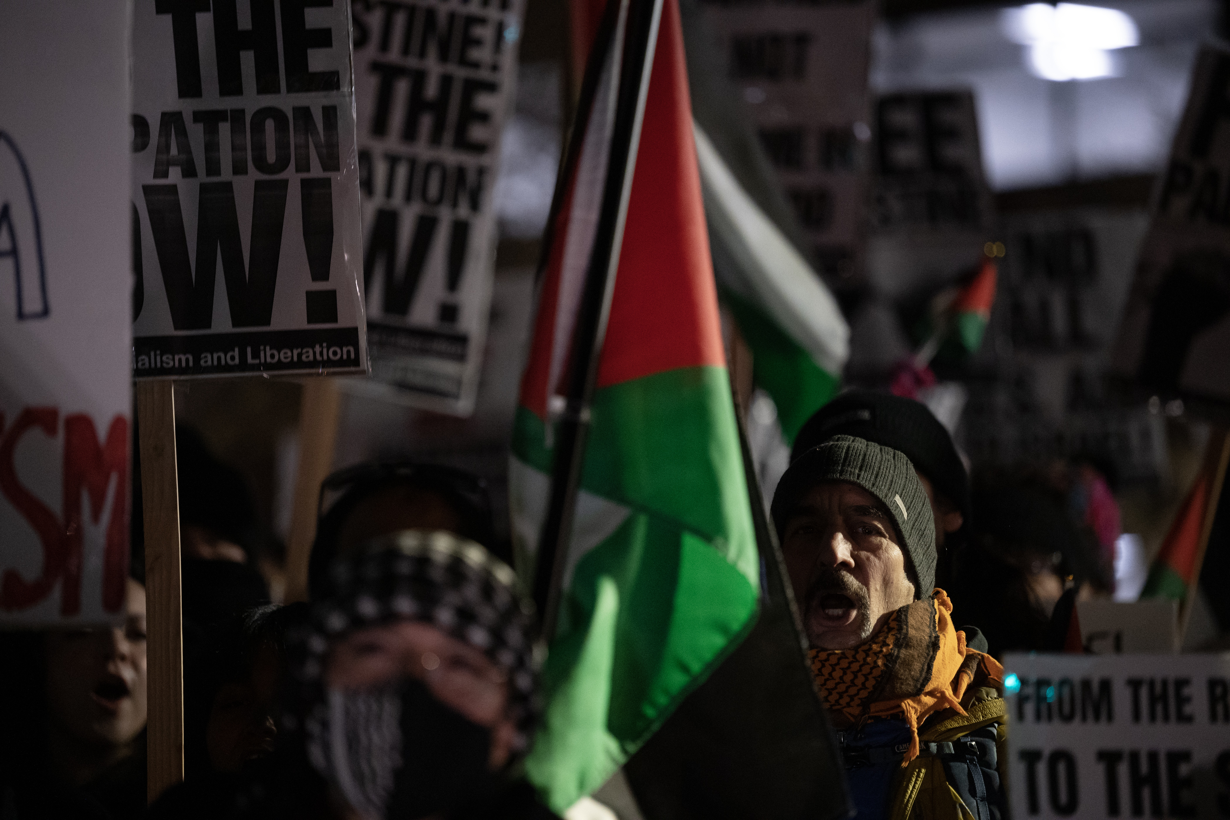 Protestors chant while preparing to walk from Auraria Campus to the Colorado Convention Center during a protest to disrupt the Jewish National Fund-USA’s Global Conference for Israel’s Opening Plenary on Thursday, November 30, 2023, in Denver, Colo. (Timothy Hurst/Denver Gazette) (TimHursttim.hurst@gazette.comhttps://secure.gravatar.com/avatar/aca82bd62b4ee425c598527cd6faa1b1?d=mm&r=g)