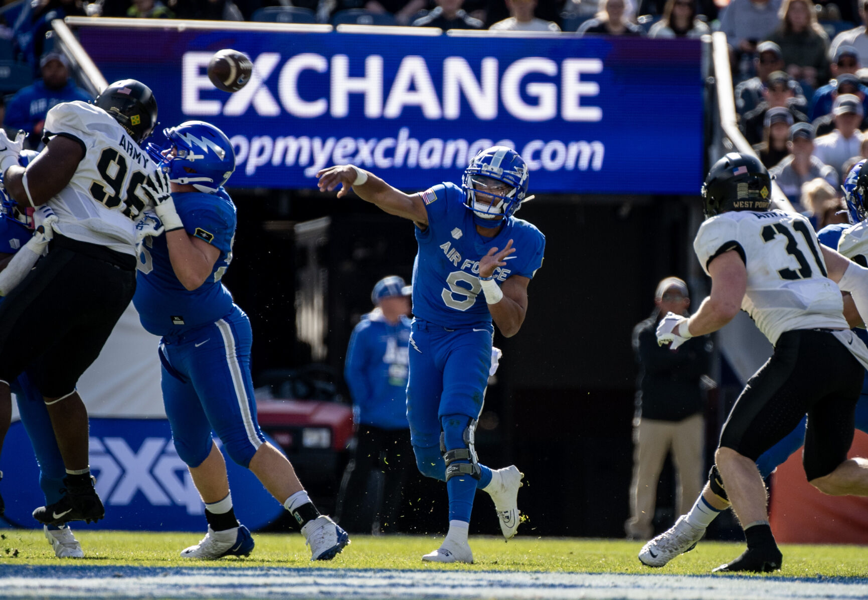 Air Force Falcons quarterback Zac Larrier (9) throws a pass in the first half of an NCAA college football game against the Army Black Knights on Saturday, Nov. 4, 2023, at Empower Field at Mile High in Denver, Colo. (Parker Seibold, The Gazette) (Parker Seibold)