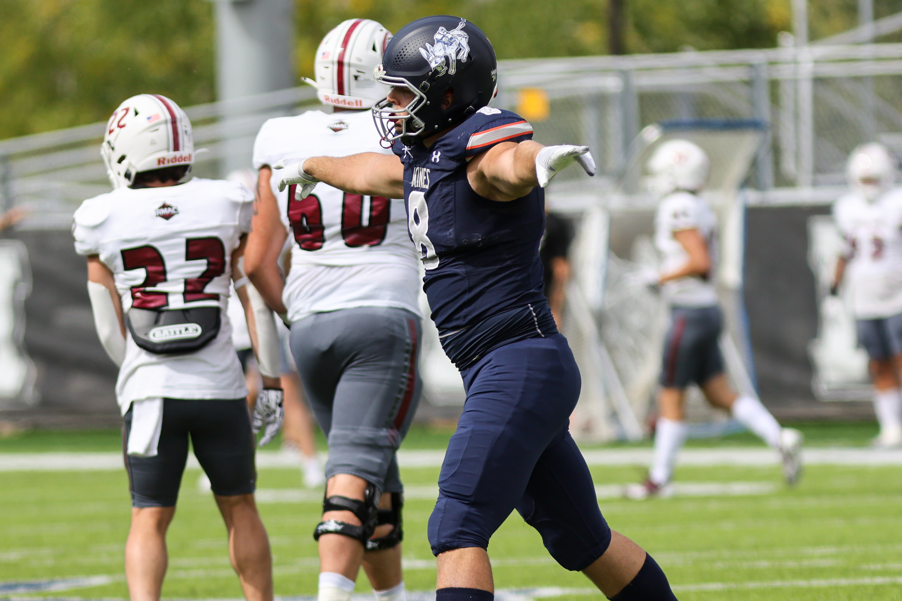 Colorado School of Mines redshirt senior Zach Hester celebrates after a tackle for loss in the Orediggers' lopsided win over Chadron State at Marv Kay Stadium in Golden. (Hannah Wiest, Colorado School of Mines Athletics)