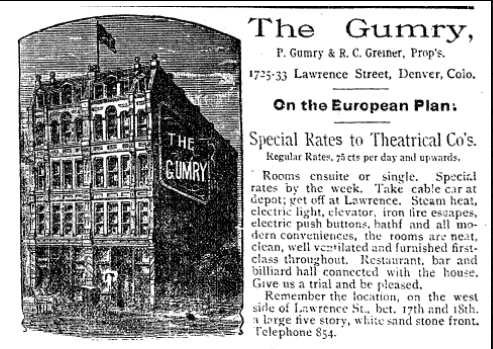 Advertisement for the Gumry Hotel circa 1894.