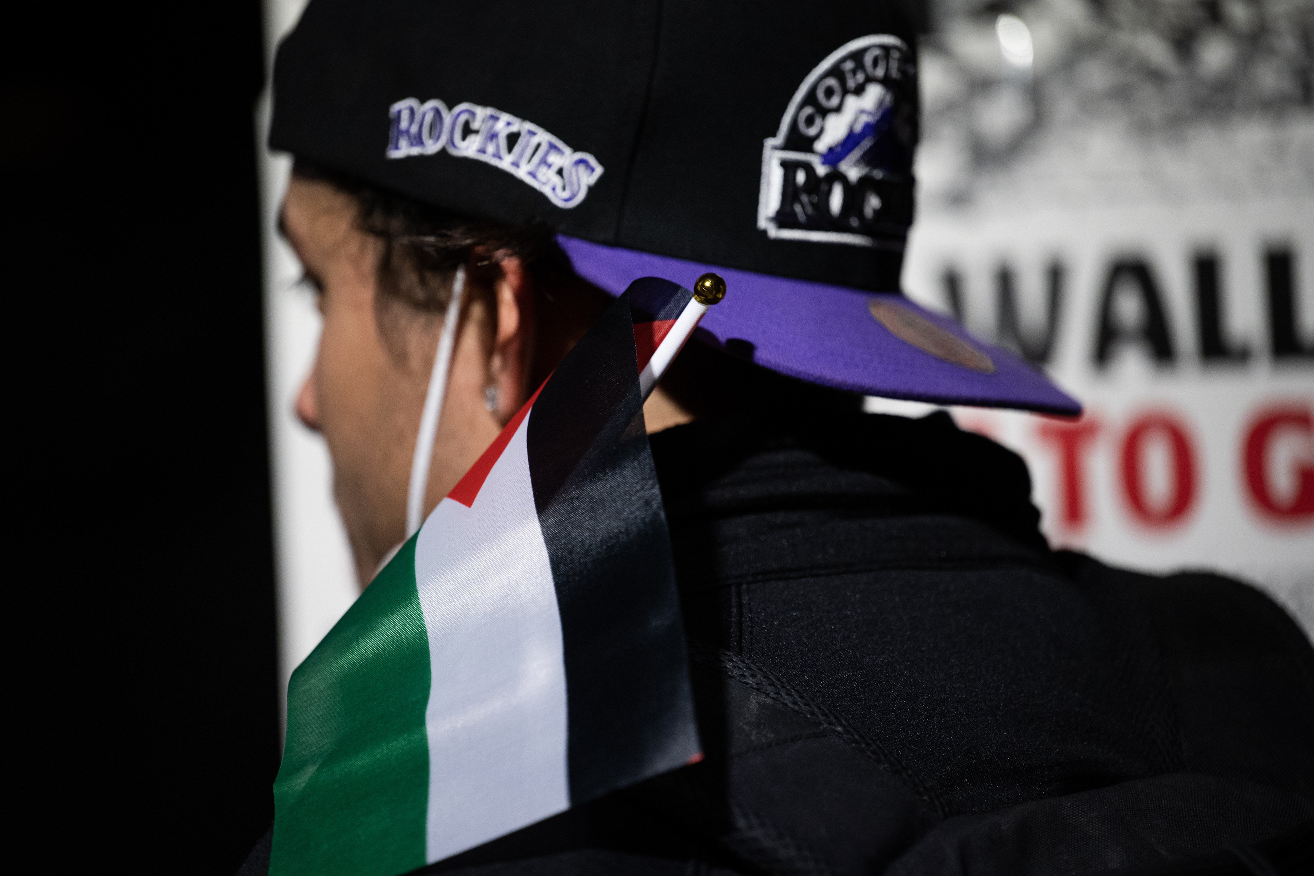 A protestor wears the flag of Palestine during a protest to disrupt the Jewish National Fund-USA’s Global Conference for Israel’s Opening Plenary on Thursday, November 30, 2023, at the Auraria Campus in Denver, Colo. (Timothy Hurst/Denver Gazette) (TimHursttim.hurst@gazette.comhttps://secure.gravatar.com/avatar/aca82bd62b4ee425c598527cd6faa1b1?d=mm&r=g)