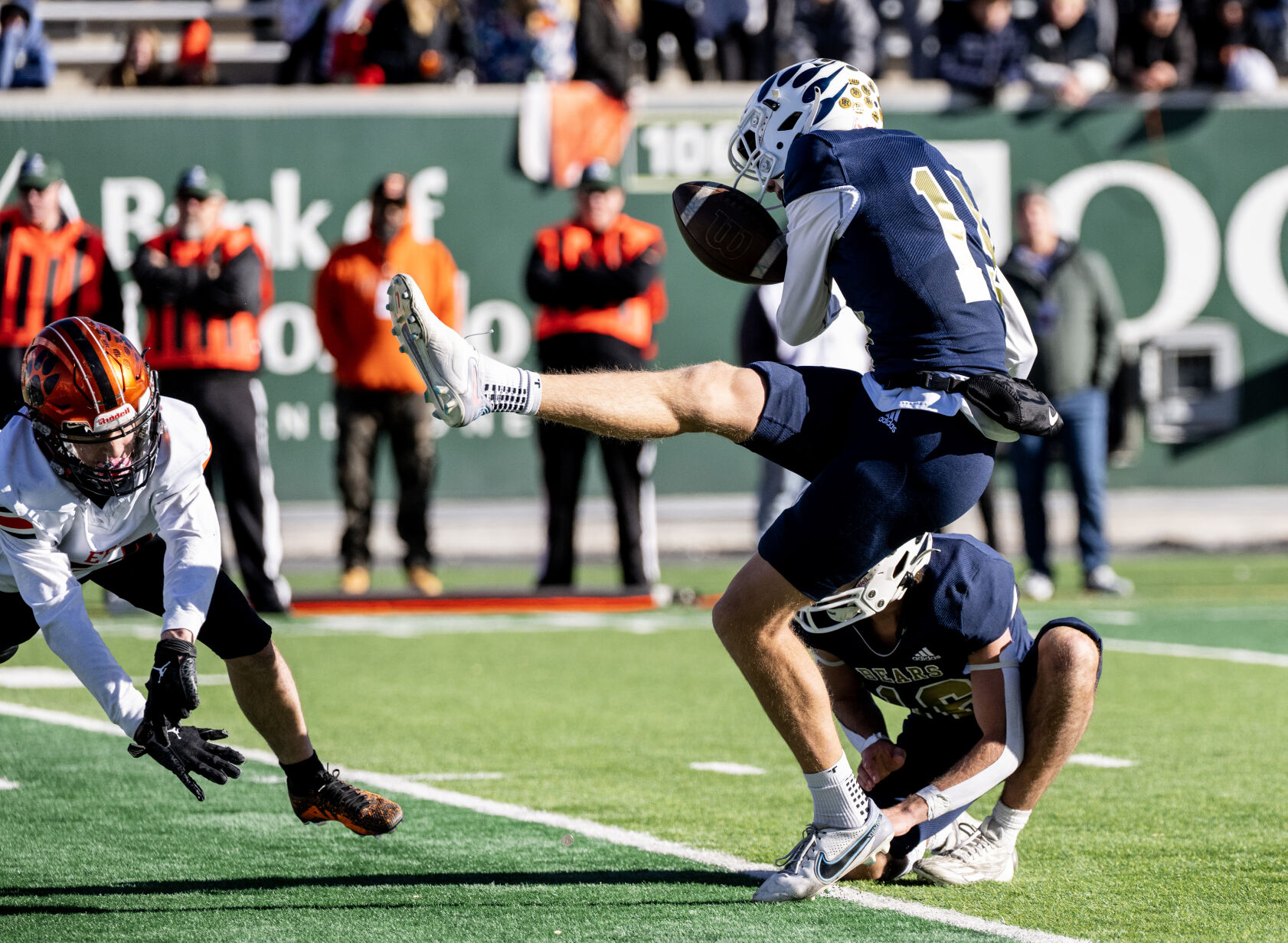 Palmer Ridge kicker Rhett Armstrong is hit by the ball after a field goal attempt is blocked during the second half Saturday in Fort Collins. (Parker Seibold, The Gazette)