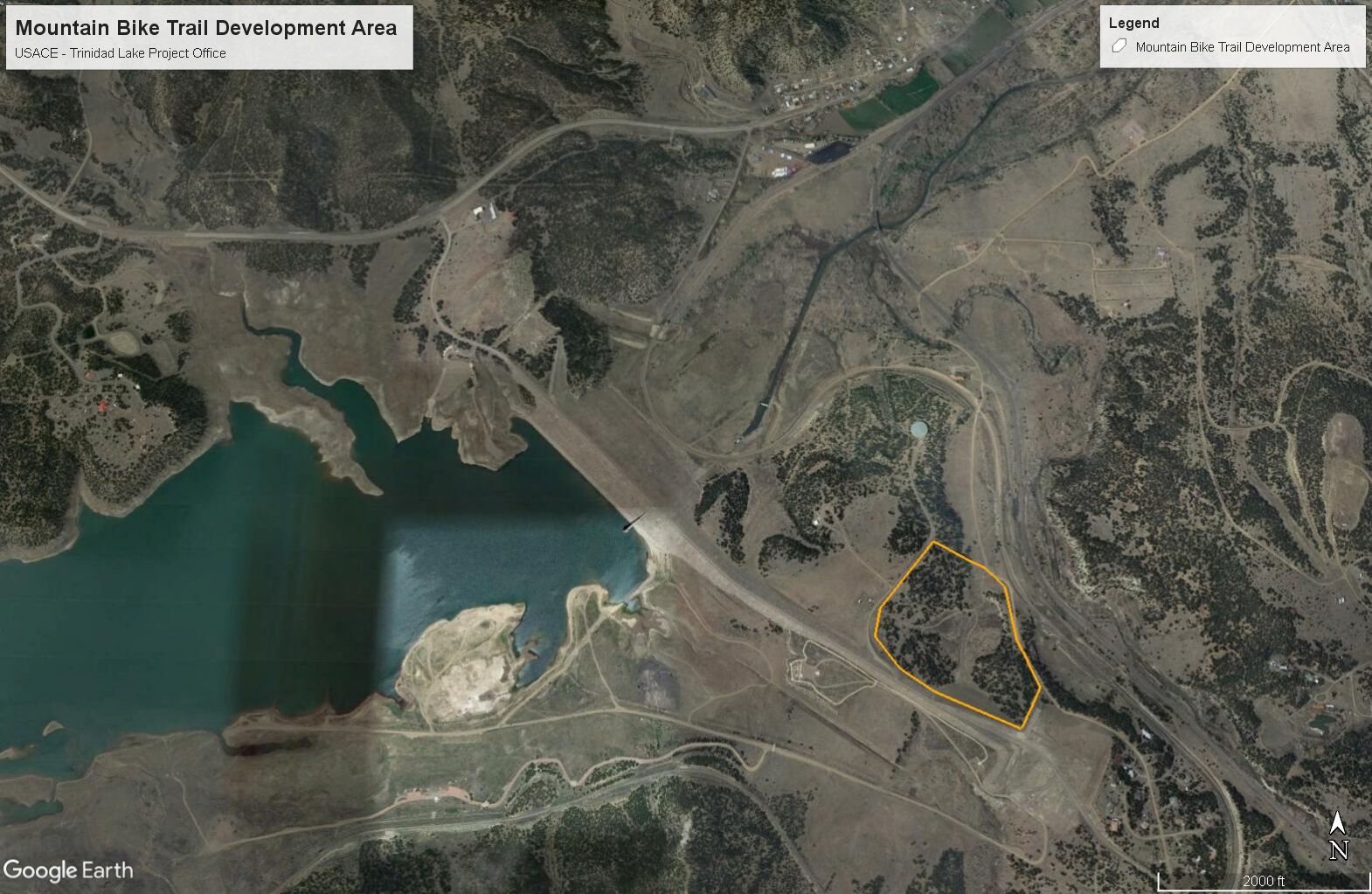 Map showing the mountain bike skills course below the Trinidad Lake dam.