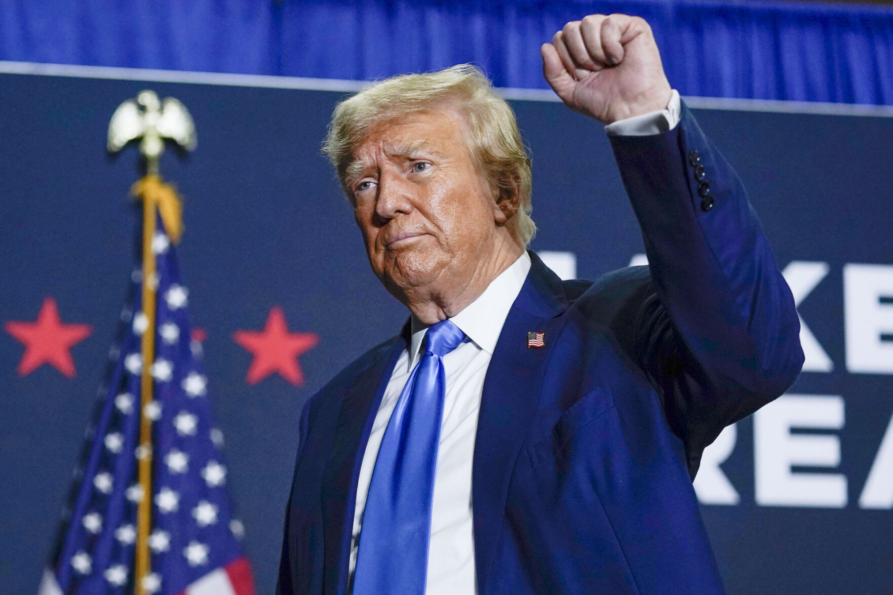 Republican presidential candidate former President Donald Trump gestures after speaking at a campaign rally on Oct. 23, 2023, in Derry, N.H. ((AP Photo/Charles Krupa, File))