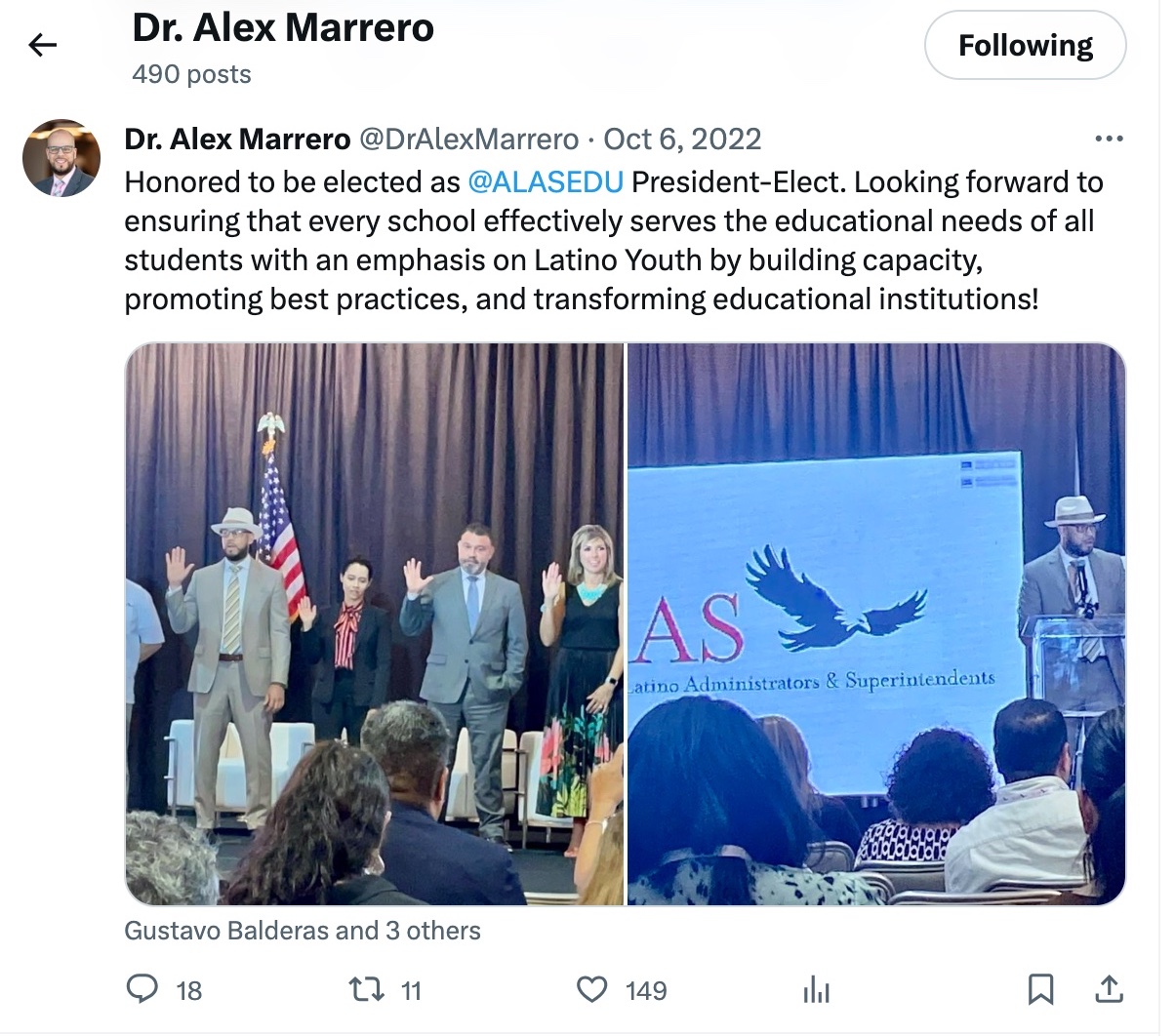 In this screenshot of a Oct. 6, 2022 tweet by @DrAlexMarrero on X, formerly known as Twitter, Denver Public Schools Superintendent Alex Marrero poses for a photo in Puerto Rico with other attendees of the Association of Latino Administrators and Superintendents conference. (Screenshot of X social media post)