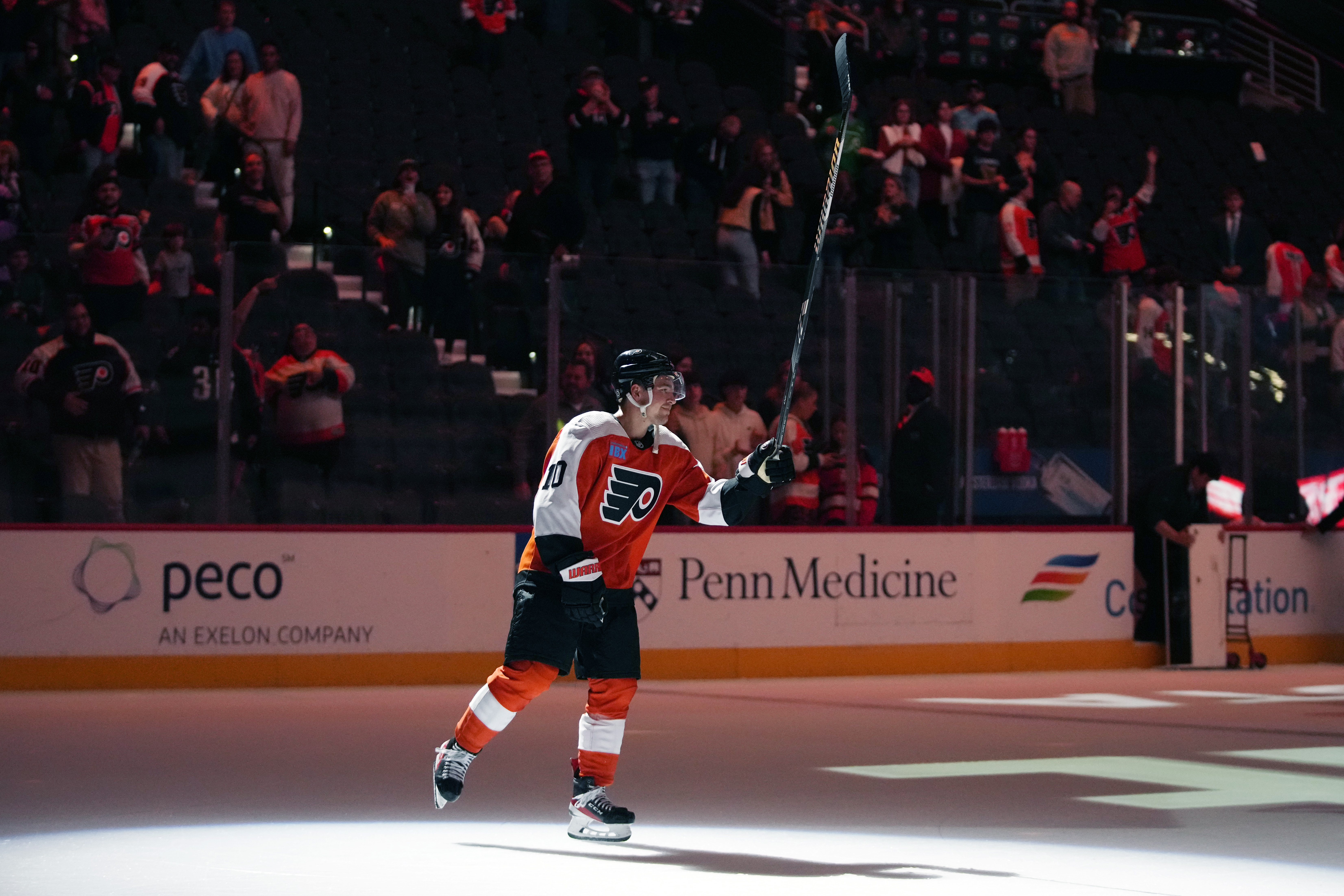 Philadelphia Flyers' Bobby Brink reacts after an NHL hockey game against the Minnesota Wild, Thursday, Oct. 26, 2023, in Philadelphia. (AP Photo/Matt Slocum) (Matt Slocum)
