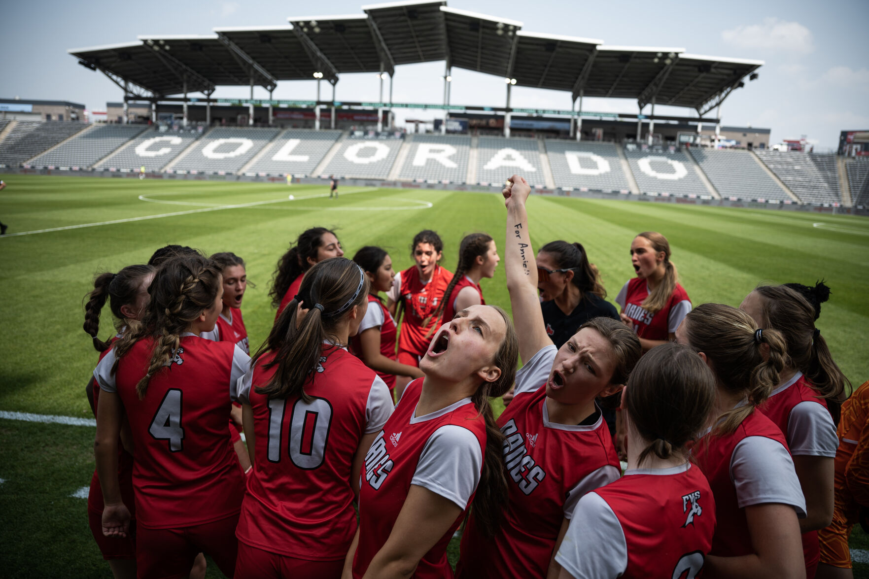 Fountain Valley Danes junior midfielder Mia Lybecker (5) yells with teammates before playing the Colorado Springs Christian Lions in the Colorado State 2A championship girl’s soccer game on Tuesday, May 23, 2023, at Dick’s Sporting Goods Park in Commerce City, Colo. (Timothy Hurst/Denver Gazette) (TimHursttim.hurst@gazette.comhttps://secure.gravatar.com/avatar/aca82bd62b4ee425c598527cd6faa1b1?d=mm&r=g)