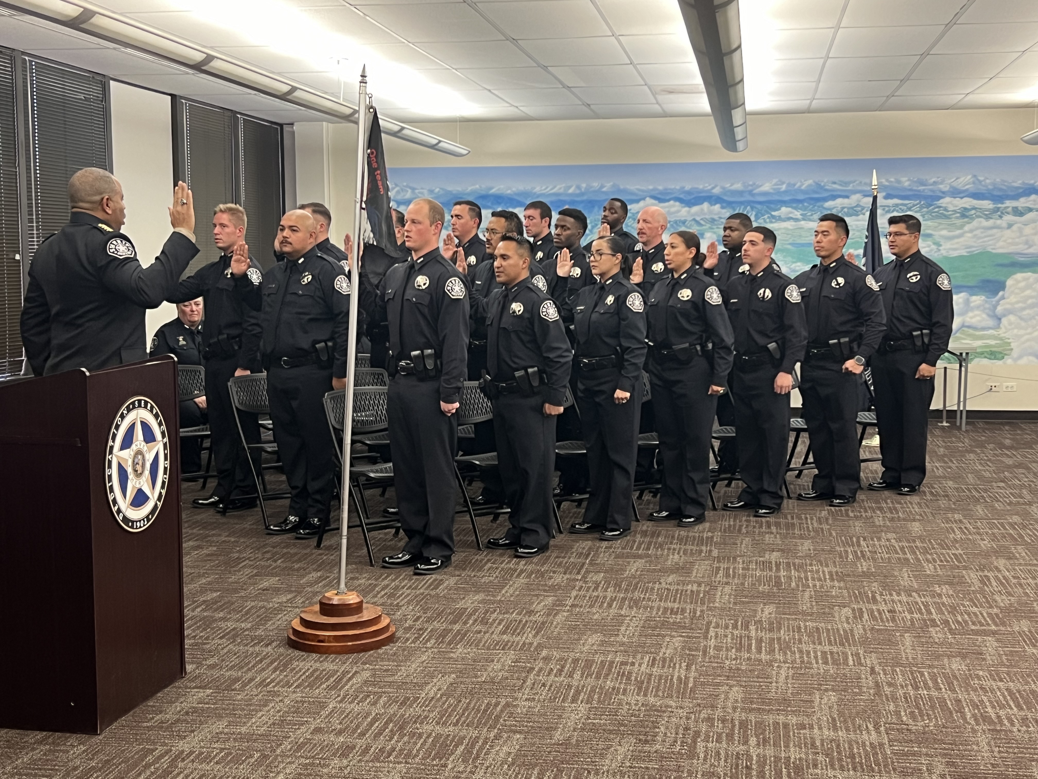 Denver Sheriff Elias Diggins swore in 19 new deputies to the Denver Sheriff Department on Friday, completing the third and final recruiting class of 2023.The next training academy will begin in February of 2024.The Denver Police Department also swore in 47 new officers on Friday, bringing their current officer count to 1,517, or around 95% of their authorized force strength. (Courtesy of the Denver Sheriff Department)