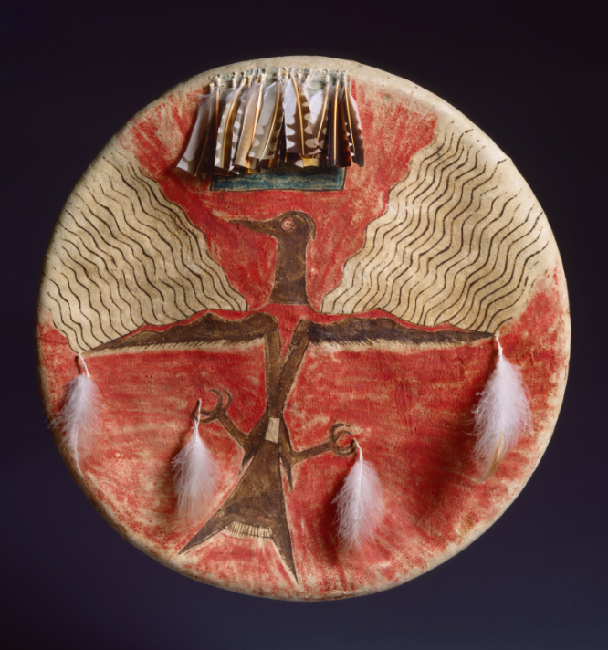 No Two Horns (Hunkpapa Lakota, 1852-1942), Shield, about 1870. Leather, paint, and feathers; 17 3/4 in. (diameter). Denver Art Museum: Gift of Rev. C. W. Douglas, 1932.237 (Courtesy photo, Denver Art Museum)