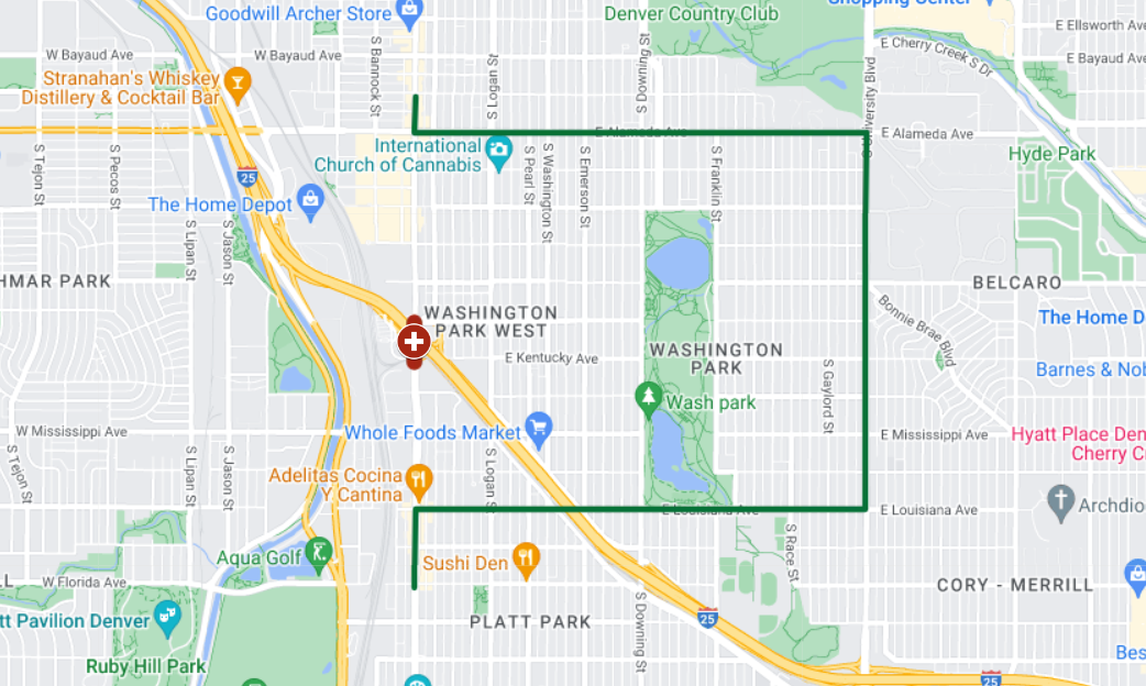 The green line represents the signed and marked detour that the Denver Office of Transportation and Infrastructure will set up to avoid closures on Broadway from 7 p.m. Friday to 12 p.m. Saturday. (Courtesy of the Denver Office of Transportation and Infrastructure)