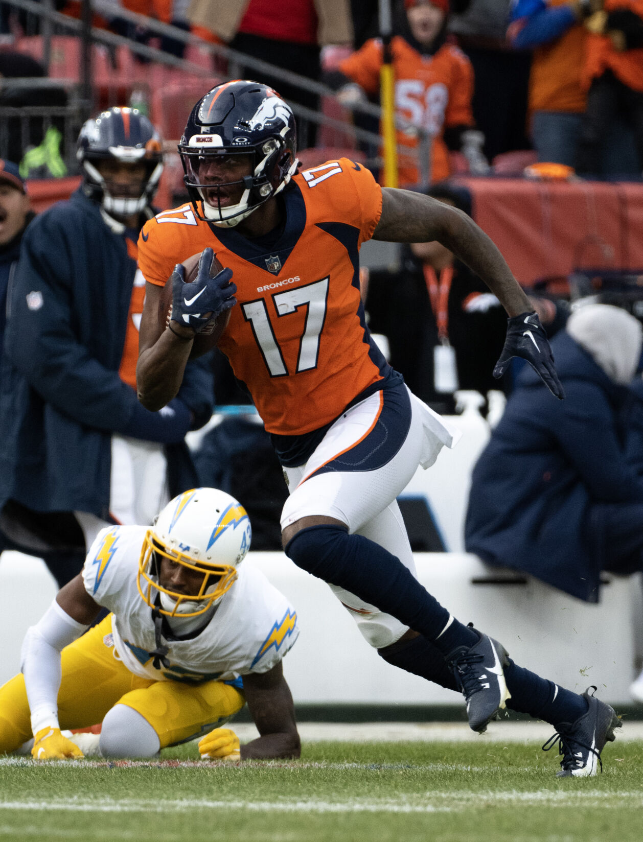Denver Broncos wide receiver Lil'Jordan Humphrey (17) runs in a touchdown in the first half of a game on Sunday, Nov. 26, 2023, at Empower Field at Mile High in Denver, Colo. (Parker Seibold, The Gazette) (Parker Seibold)