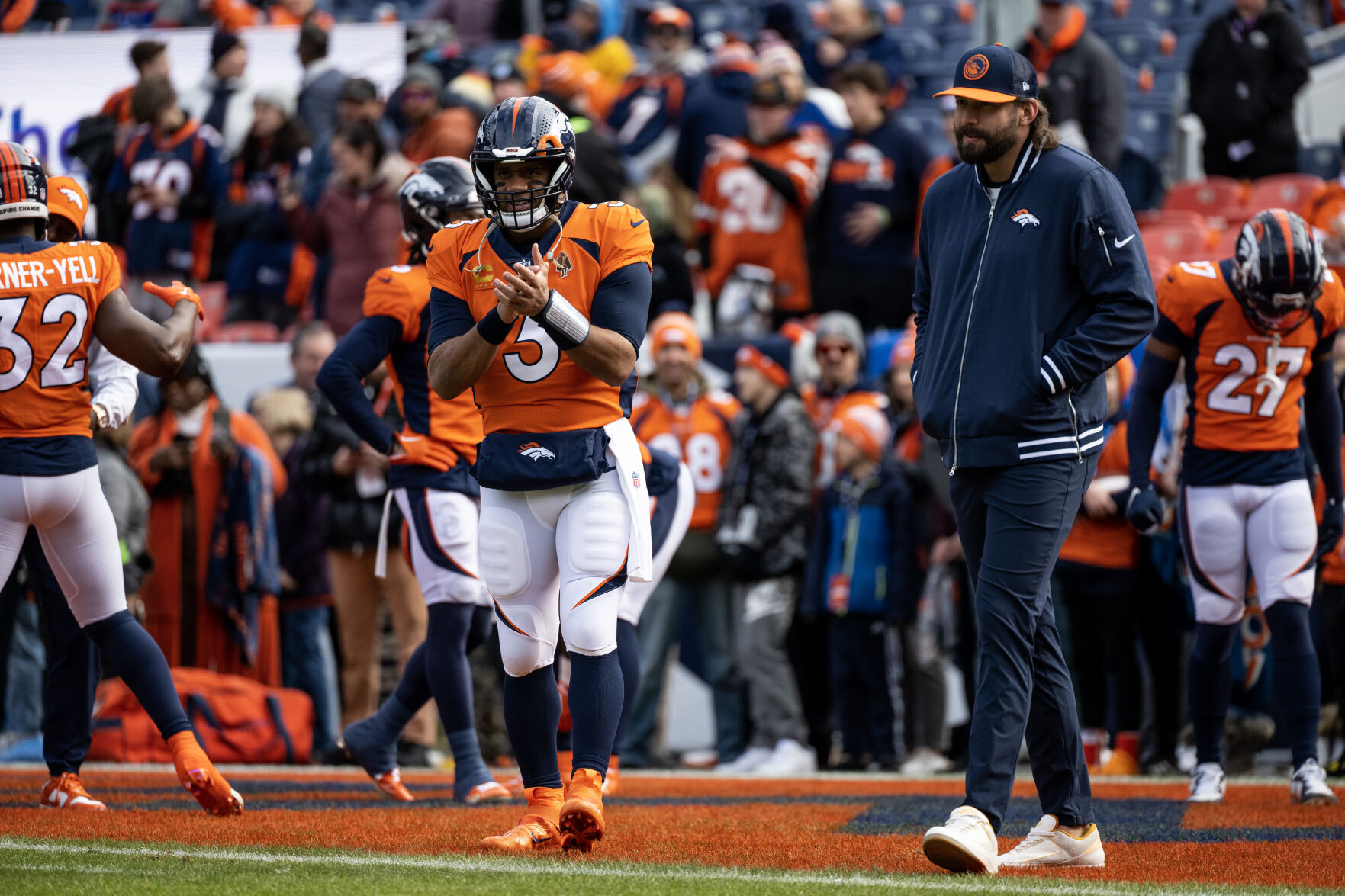 Denver Broncos quarterback Russell Wilson (3) before a game against the Los Angeles Chargers on Sunday, Nov. 26, 2023, at Empower Field at Mile High in Denver, Colo.  (Parker Seibold, The Gazette) (Parker Seibold)