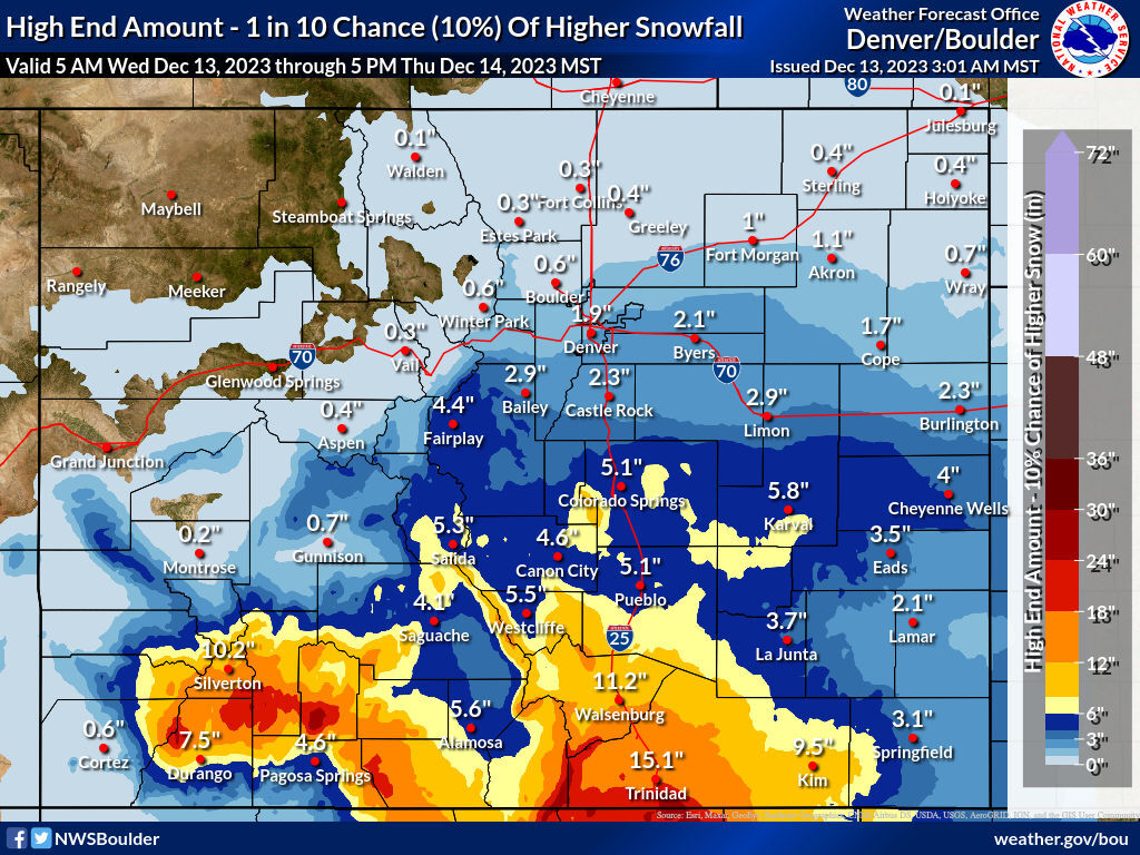 The 'high end' snowfall scenario for Wednesday morning through Thursday evening. Map Credit: National Weather Service.