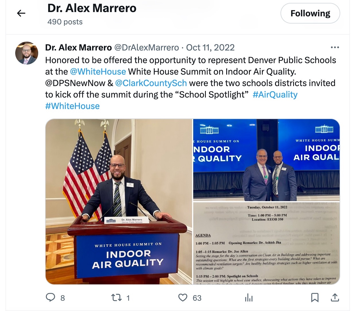 In this screenshot of a Oct. 11, 2022 tweet by @DrAlexMarrero on X, formerly known as Twitter, Denver Public Schools Superintendent Alex Marrero mugs at a podium in Washington DC during summit on indoor air quality. Denver Public Schools and Clark County School District were the two districts invited to kick off the summit. (Screenshot of X social media post)