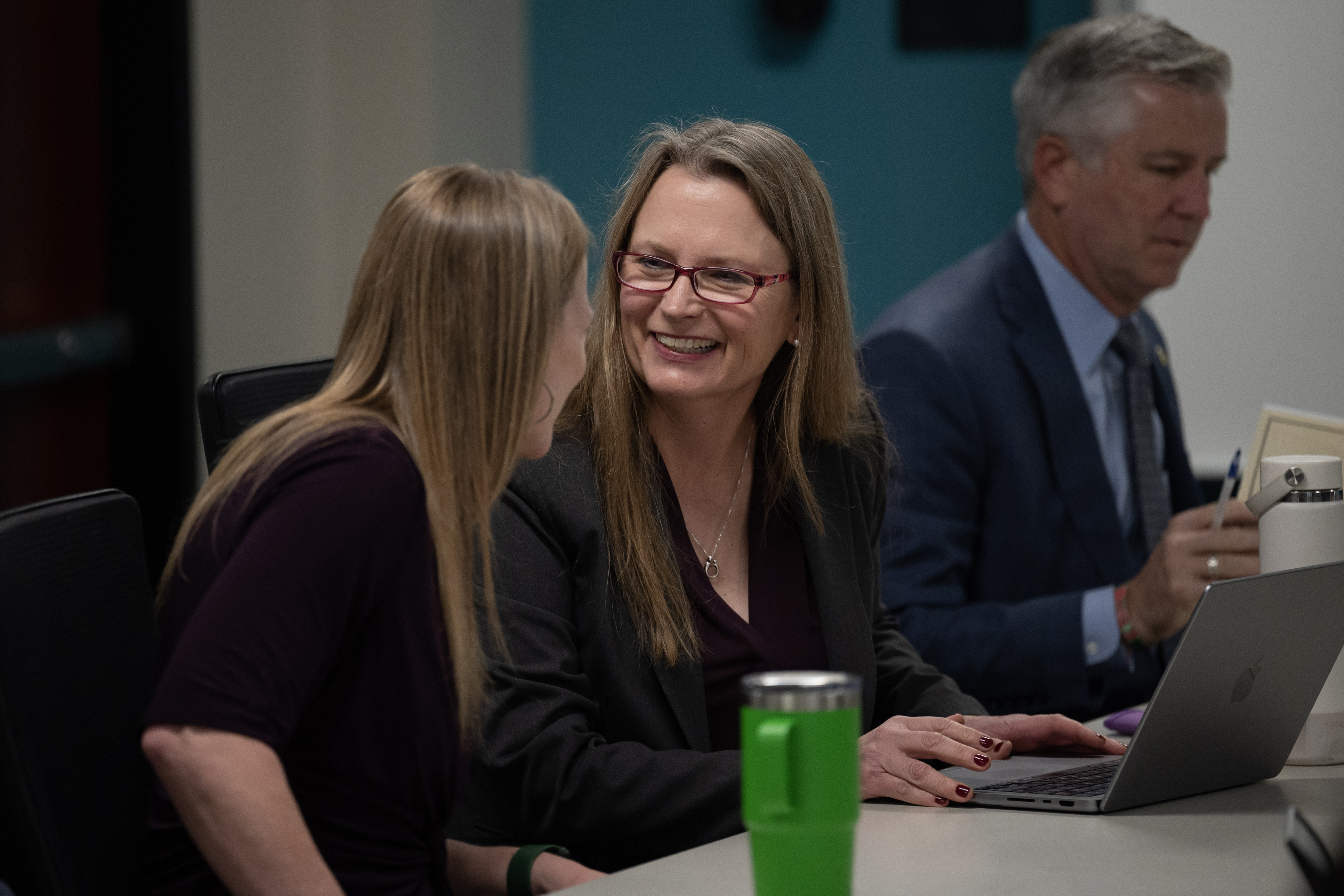 Board member Dr. Carrie A. Olson, right, shares a laugh with newly-elected member Kimberlee Sia during a Denver Public School Board of Education meeting for the election of Board Officers on Friday, Dec. 1, 2023, at the DPS Central Office in Denver, Colo. (Timothy Hurst/Denver Gazette) (TimHursttim.hurst@gazette.comhttps://secure.gravatar.com/avatar/aca82bd62b4ee425c598527cd6faa1b1?d=mm&r=g)