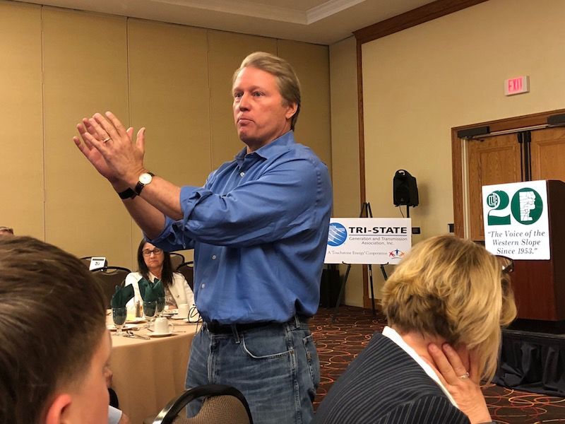 Businessman Kent Thiry speaks at Club 20 about ballot measures to help end gerrymandering in Colorado in 2018. (Photo by Joey Bunch/Colorado Politics)