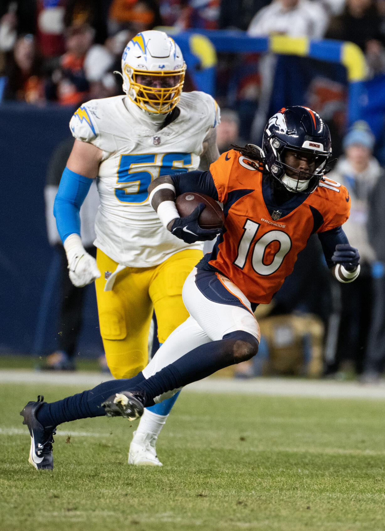 Denver Broncos wide receiver Jerry Jeudy (10) carries the ball in the second half of a game on Sunday, Nov. 26, 2023, at Empower Field at Mile High in Denver, Colo. (Parker Seibold, The Gazette) (Parker Seibold)