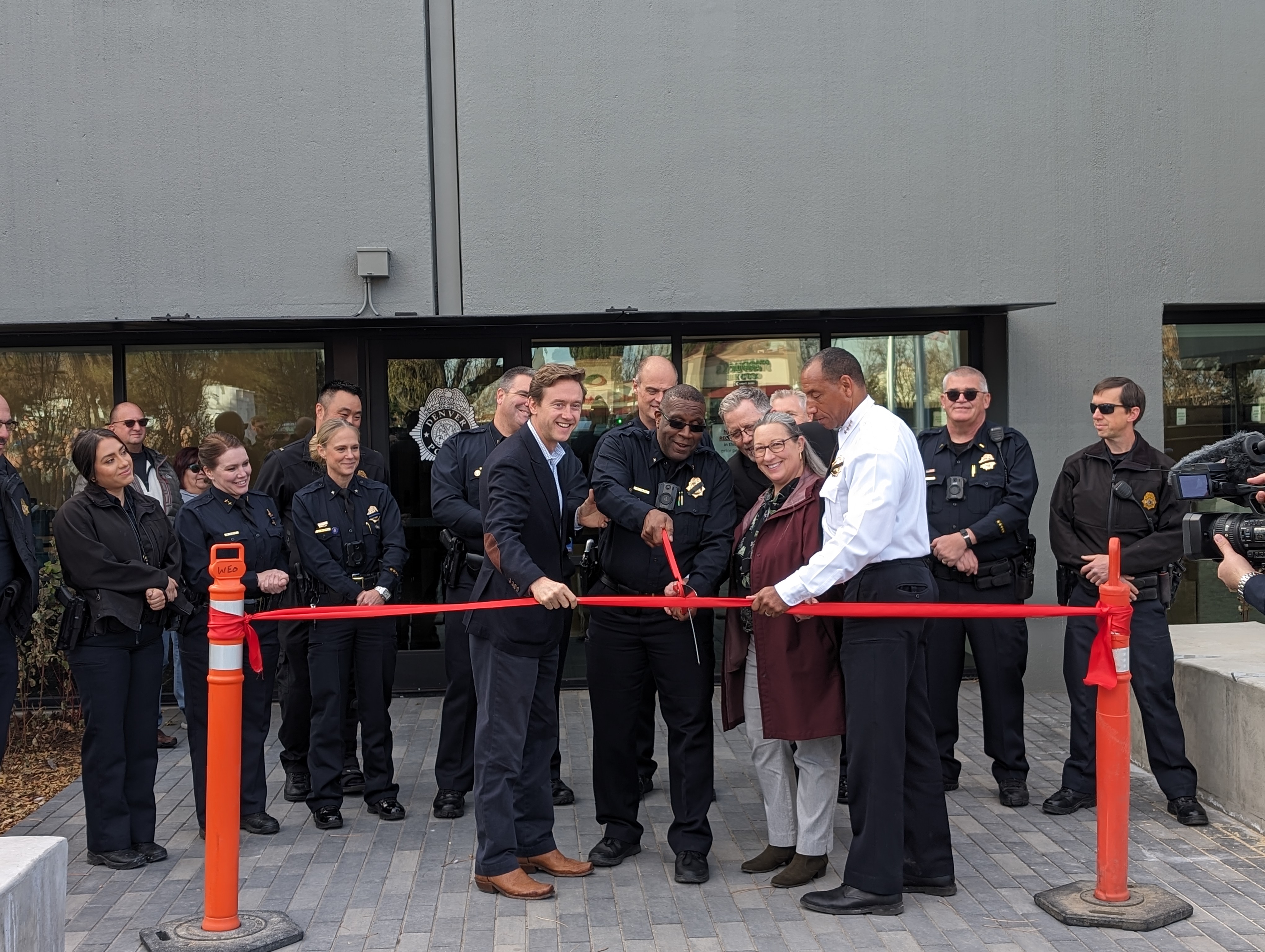 Left to right, Mayor Mike Johnston, Denver Police District Five Commander Marion Penn, Denver Department of Safety Chief of Staff Jeff Holiday, Denver City Council Member for District 11 Stacie Gilmore and Denver Police Chief Ron Thomas cut the ribbon on the new District Five station on Friday afternoon. 