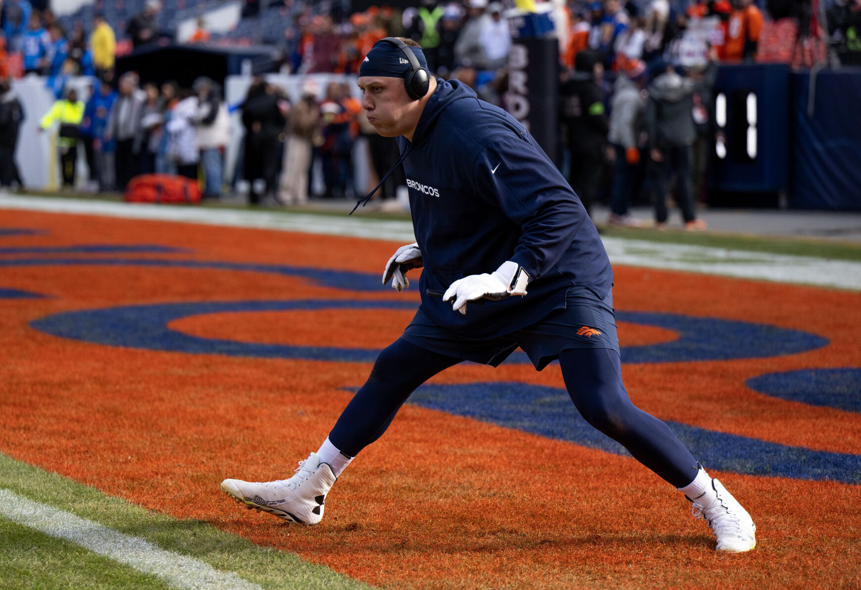 Denver Broncos offensive tackle Garett Bolles (72) warms up before a game against the Los Angeles Chargers on Sunday, Nov. 26, 2023, at Empower Field at Mile High in Denver, Colo. (Parker Seibold, The Gazette) (Parker Seibold)