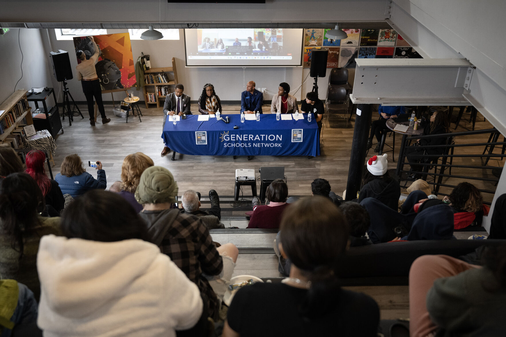 Seated at the front of the 5280 High School auditorium, from right, 5280 High School junior Diego Parker and AUL Denver student body President J.J. Reed, ask questions to Sen. James Coleman, left, and Rep. Jennifer Bacon, while Generation Schools Network Vice President Dr. José Silva sits at the center during a town hall at 5280 High School ahead of the introduction of the Justice Engaged Student Bill of Rights, on Wednesday, Dec. 13, 2023, in Denver, Colo. (Timothy Hurst/Denver Gazette) (TimHursttim.hurst@gazette.comhttps://secure.gravatar.com/avatar/aca82bd62b4ee425c598527cd6faa1b1?d=mm&r=g)