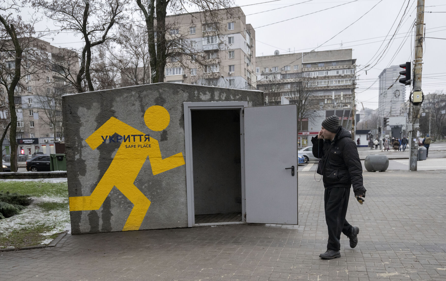 New bomb shelters stand around Dnipro, Ukraine, Monday, providing quick shelter from Russian air attacks. The air sirens filled the air about 15 minutes later, but nothing was seen in Dnipro. (Christian Murdock, The Gazette)
