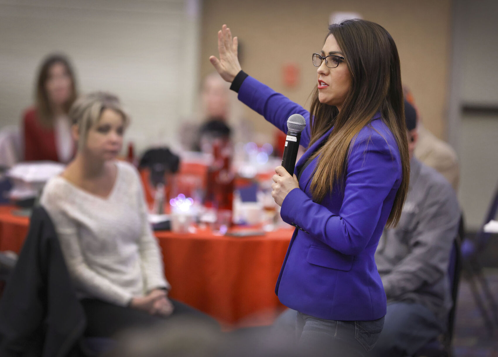 U.S. Rep. Lauren Boebert, R-Colo., delivers her speech at the Montezuma County Lincoln Day Dinner at the Ute Mountain Casino Hotel on Oct. 28, 2023, in Towaoc, Colo. ((AP Photo/Jerry McBride))