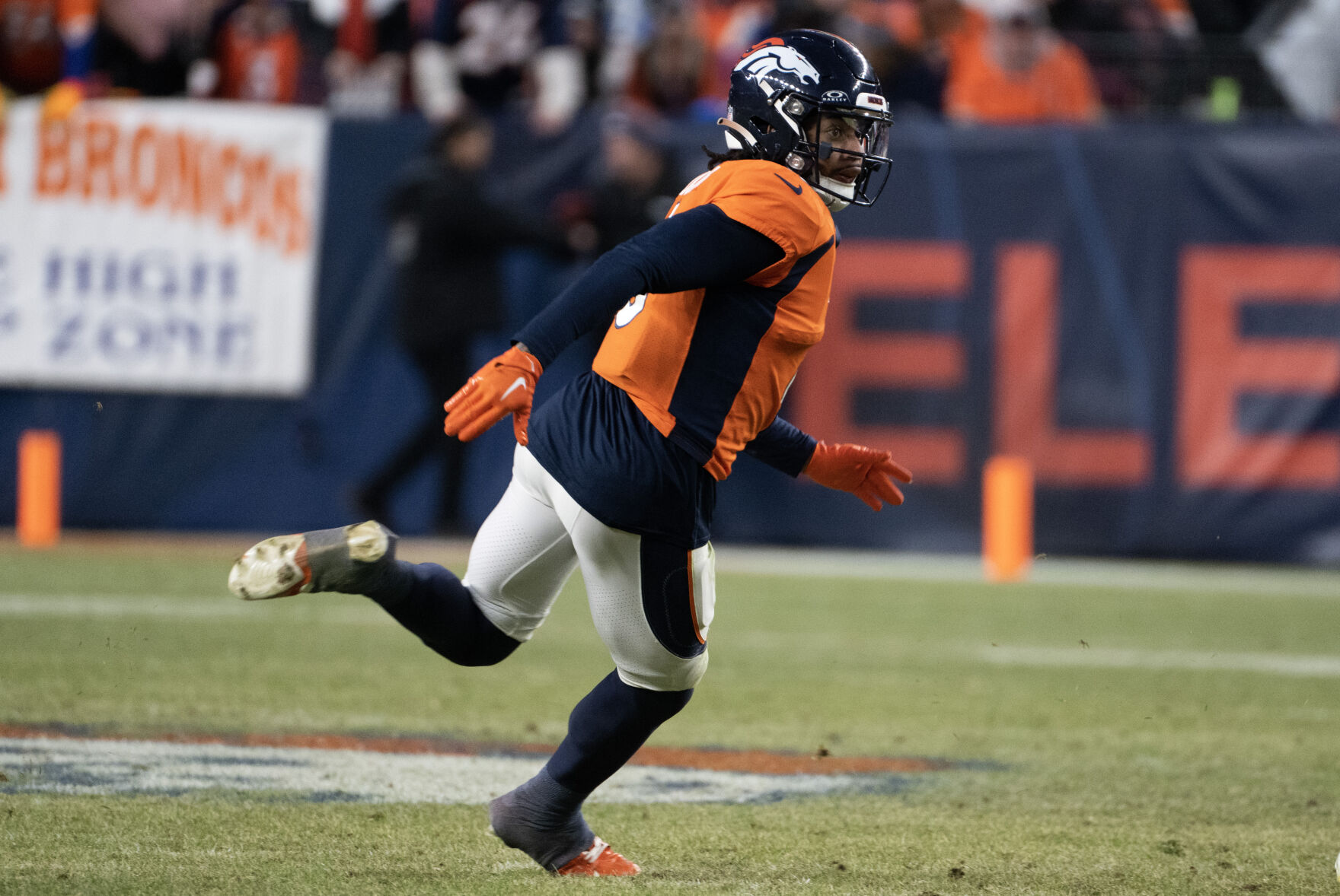 Denver Broncos safety P.J. Locke (6) runs in the second half of a game on Sunday, Nov. 26, 2023, at Empower Field at Mile High in Denver, Colo. (Parker Seibold, The Gazette) (Parker Seibold)