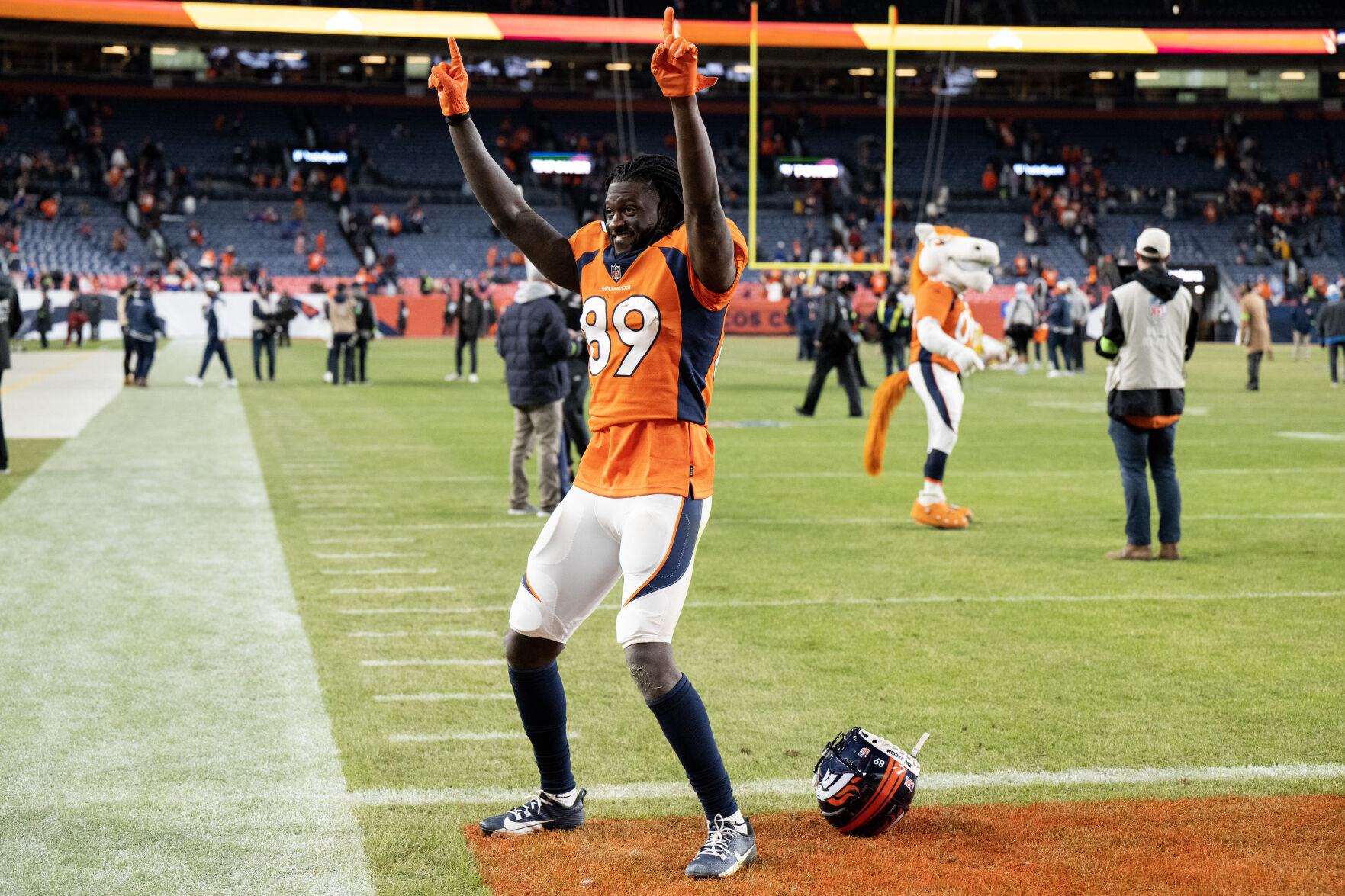 Denver Broncos wide receiver Brandon Johnson (89) stops and dances for the crowd following the Broncos’ win over the Los Angeles Chargers on Sunday, Nov. 26, 2023, at Empower Field at Mile High in Denver, Colo. (Parker Seibold, The Gazette) (Parker Seibold)
