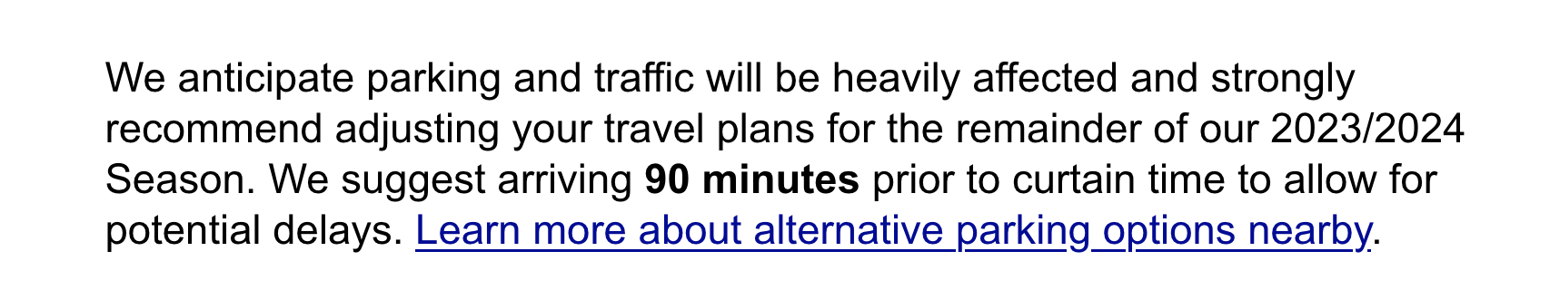 The screenshot above shows the parking advisory being iussued to patrons of the Colorado Ballet. (Screenshot)