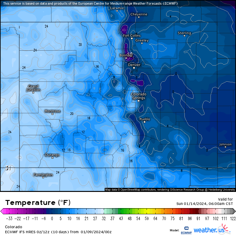 Colorado is forecast to see below zero low temperatures overnight Saturday into Sunday as an arctic air mass moves southeast from Canada into the lower 48 states of the United States. Lows are forecast to bottom out between 2 and -5 degrees from Cheyenne, Wyoming to Walsenburg, Colorado. (Weather.us)