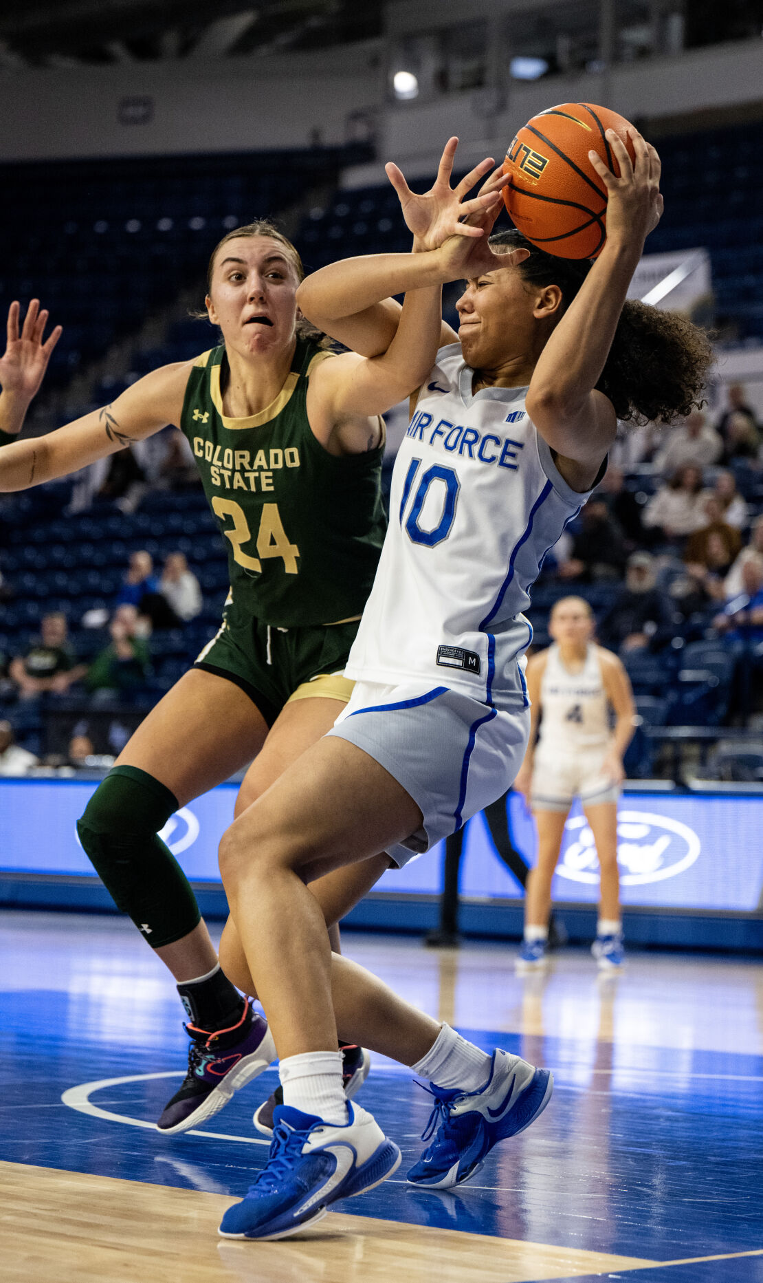 Air Force guard Jayda McNabb (10) is guarded by Colorado State University guard Sydney Mech (24) last month at Clune Arena. (Parker Seibold, the gazette)