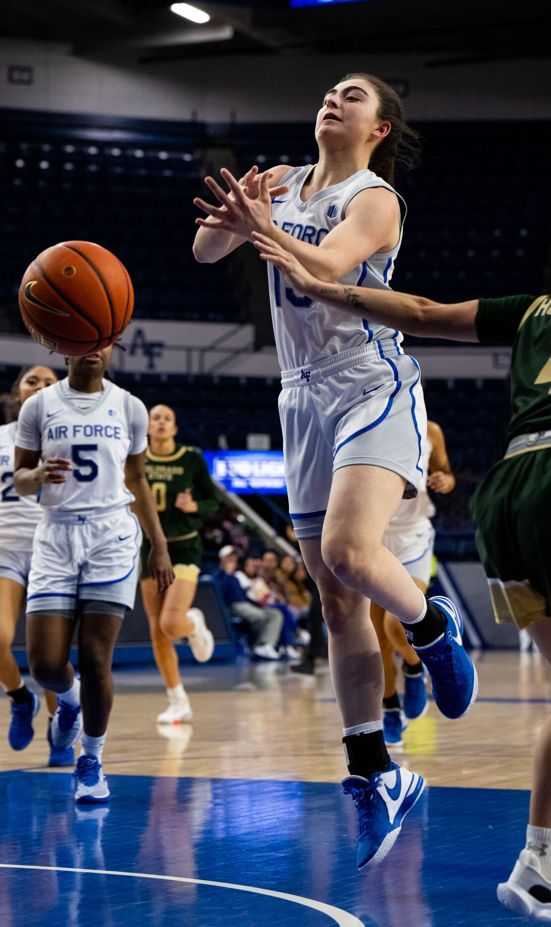 Air Force guard Keelie O’Hollaren (13) loses control of the ball in the first half of a NCAA basketball game against Colorado State University on Wednesday, Jan. 31, 2024, at Air Force Academy, Colo. (Parker Seibold, The Gazette) (Parker Seibold)