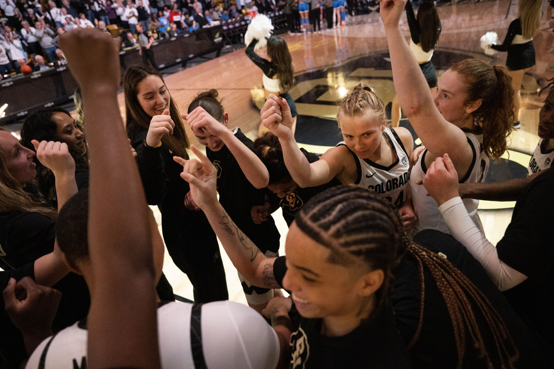 The Colorado Buffaloes huddle up before a game against the UCLA Bruins on Friday, Jan. 19, 2024, at the CU Event Center in Boulder, Colo.(Timothy Hurst/Denver Gazette) (TimHursttim.hurst@gazette.comhttps://secure.gravatar.com/avatar/aca82bd62b4ee425c598527cd6faa1b1?d=mm&r=g)