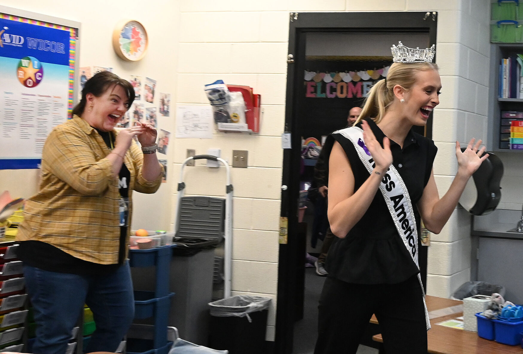 This first grade teacher is just as excited about the visit of Miss America as her students at Jackson Elementary School on Wednesday, Jan. 24, 2024. (Photo by Jerilee Bennett, The Gazette)