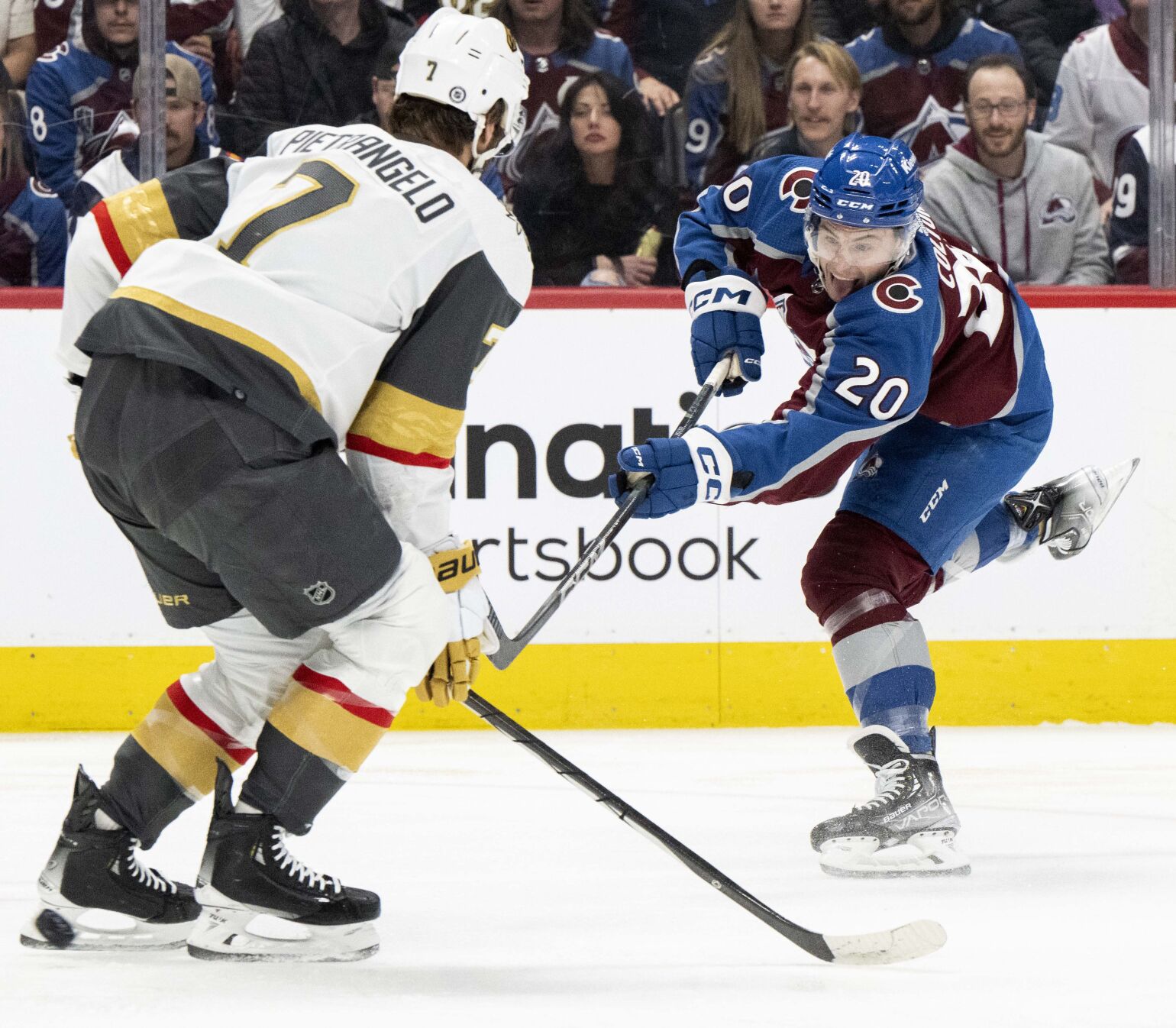 Colorado Avalanche center Ross Colton (20) takes a shot on goal as Vegas Golden Knights defenseman Alex Pietrangelo (7) defends during the first period Wednesday, Jan. 10, 2024, at Ball Arena in Denver. (The Gazette, Christian Murdock) (Christian Murdock/The Gazette)