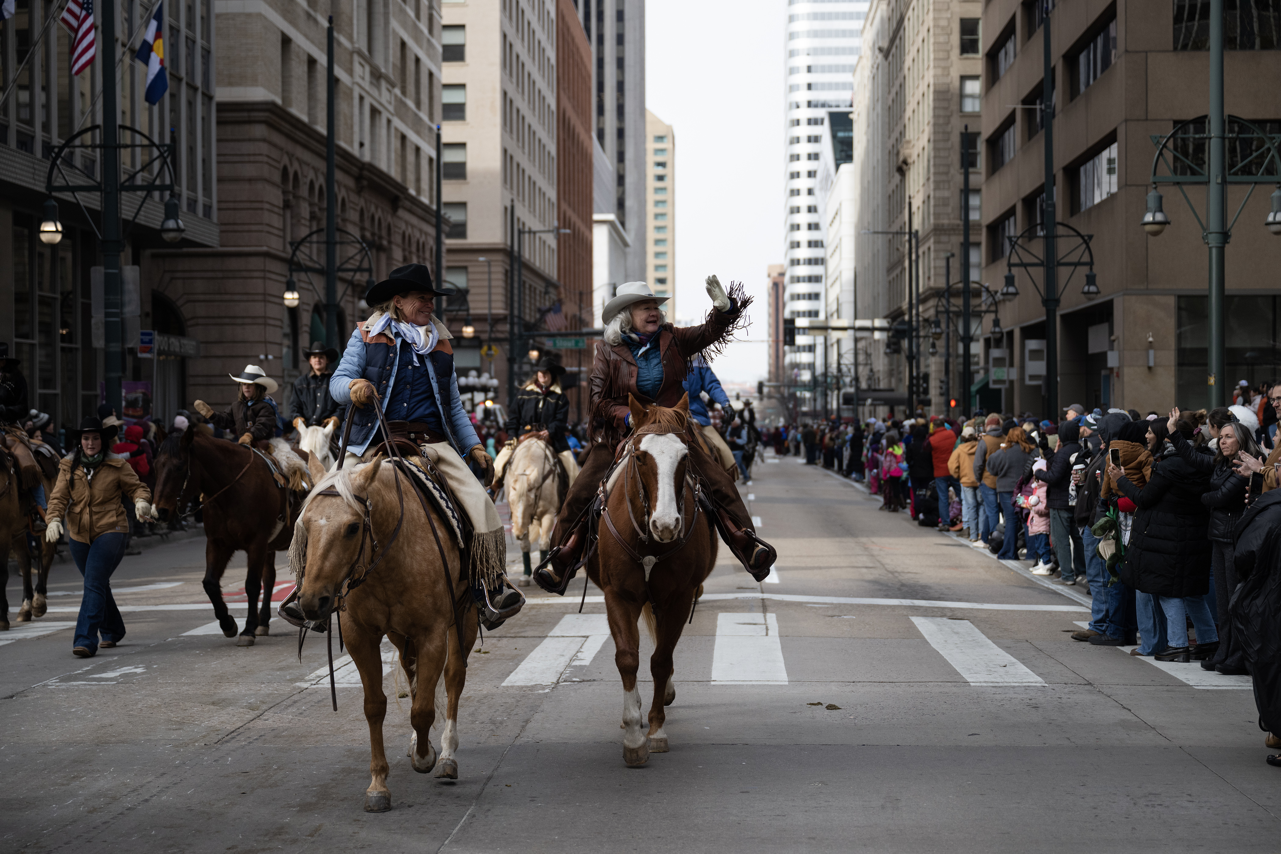 Jean Gottenborg, left, and Carla Holst, both members of Cowgirls Forever since its founding 13 years ago, ride down 17th Street during The National Western Stock Show Kick-off Parade on Thursday, Jan. 4, 2024, in Denver, Colo. (Timothy Hurst/Denver Gazette) (TimHursttim.hurst@gazette.comhttps://secure.gravatar.com/avatar/aca82bd62b4ee425c598527cd6faa1b1?d=mm&r=g)