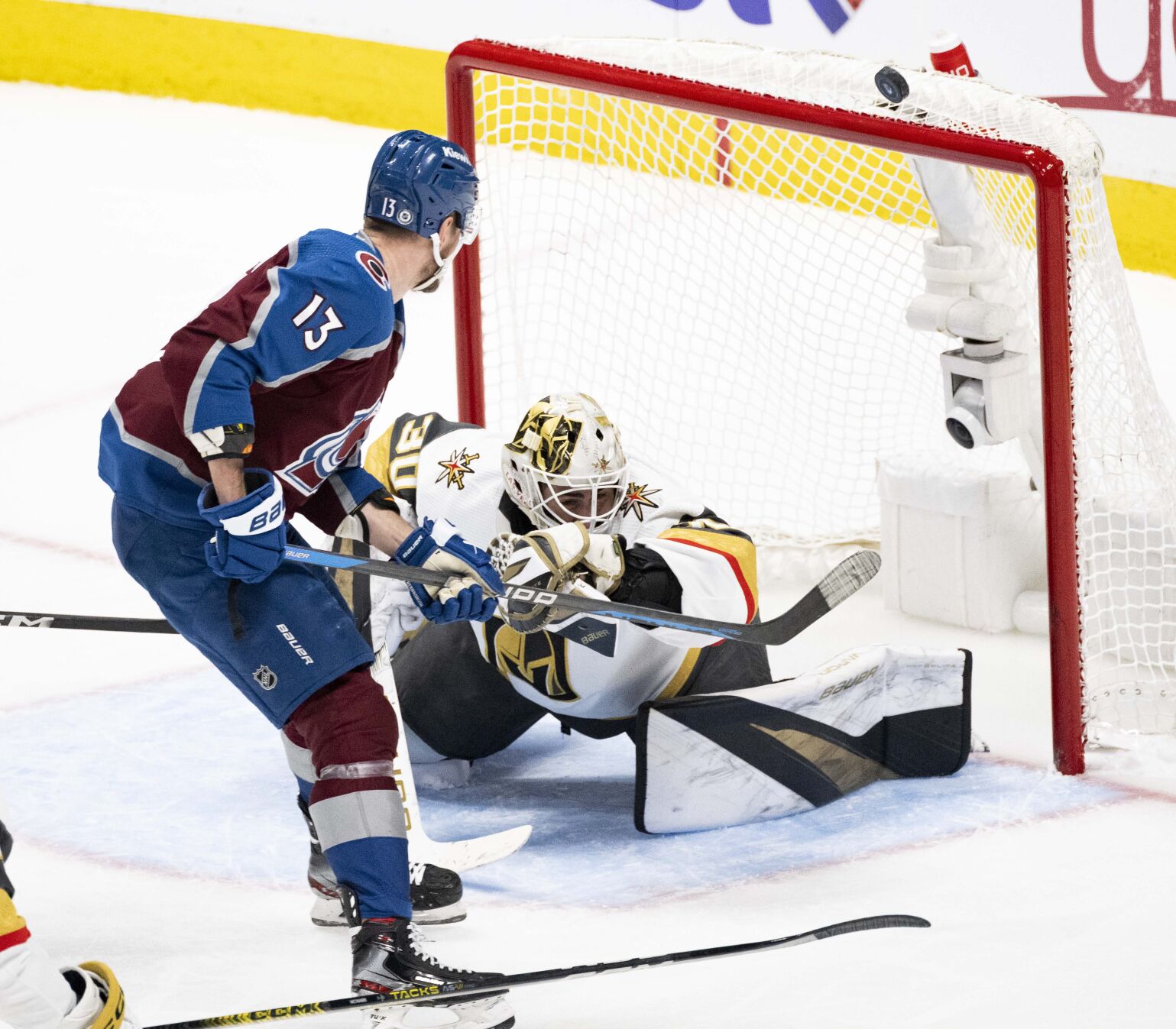 Colorado Avalanche right wing Valeri Nichushkin (13) misses on a shot against Vegas Golden Knights goaltender Jiri Patera (30) during the second period Wednesday, Jan. 10, 2024, at Ball Arena in Denver. (The Gazette, Christian Murdock) (Christian Murdock/The Gazette)