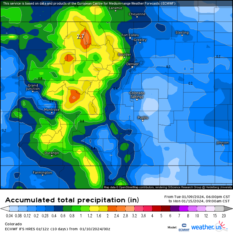 A Weather.us forecast model shows the potential accumulation levels of water-equivalent precipitation as of 8 a.m. Monday, Jan. 15 for Colorado. Depending on the density of the snow, one inch of water is equivalent to 10 inches of snow based on a common rule of thumb ratio of 10:1. (Weather.us)