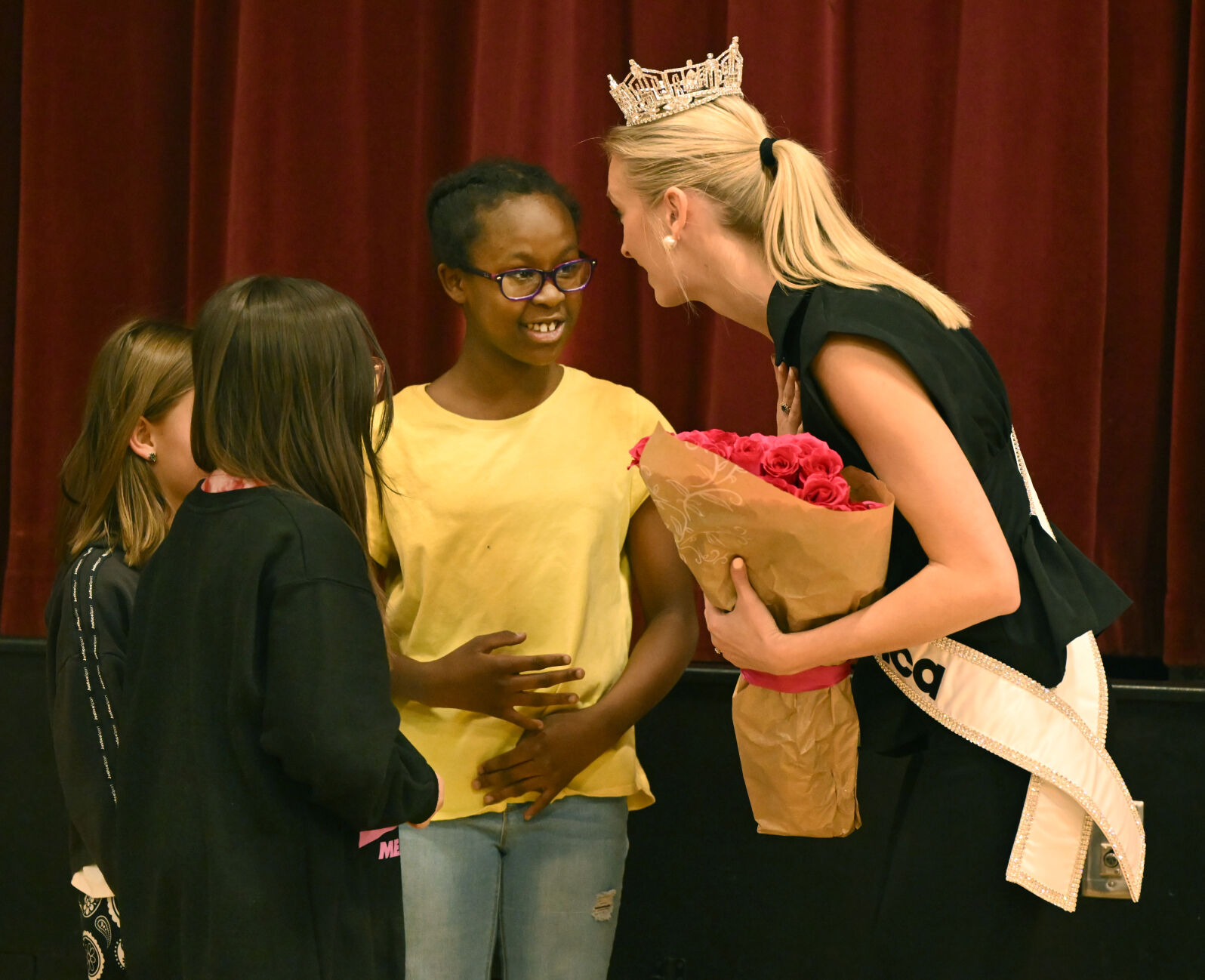 Miss America Madison Marsh answers questions during an assembly at Jackson Elementary School on Wednesday, Jan. 24, 2024. (Photo by Jerilee Bennett, The Gazette)