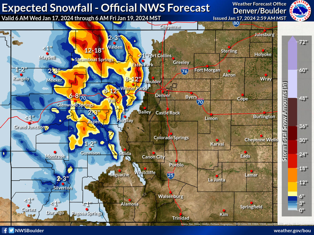 The 'most-likely' snowfall scenario between Wednesday morning and Friday morning. Map: National Weather Service.