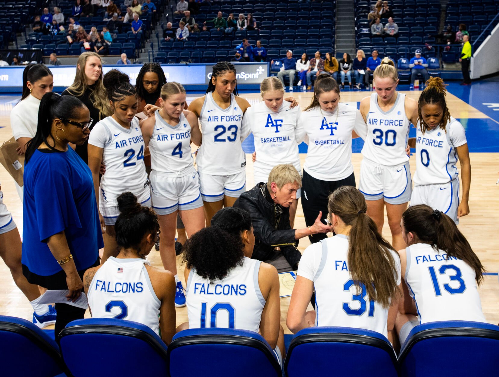 Air Force head basketball coach Chris Gobrecht talks to the women’s basketball team during a timeout in the second half of a NCAA basketball game against Colorado State University on Wednesday, Jan. 31, 2024, at Air Force Academy, Colo. (Parker Seibold, The Gazette) (Parker Seibold)