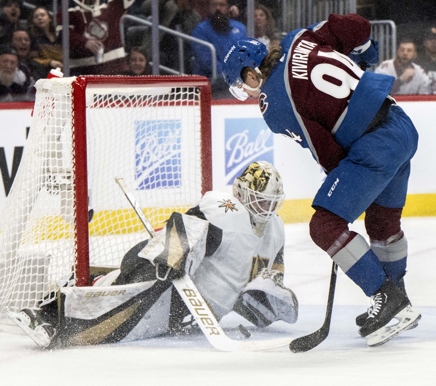 Vegas Golden Knights goaltender Jiri Patera (30) makes a save on a shot by Colorado Avalanche left wing Joel Kiviranta (94) during the first period Wednesday, Jan. 10, 2024, at Ball Arena in Denver. (The Gazette, Christian Murdock) (Christian Murdock/The Gazette)