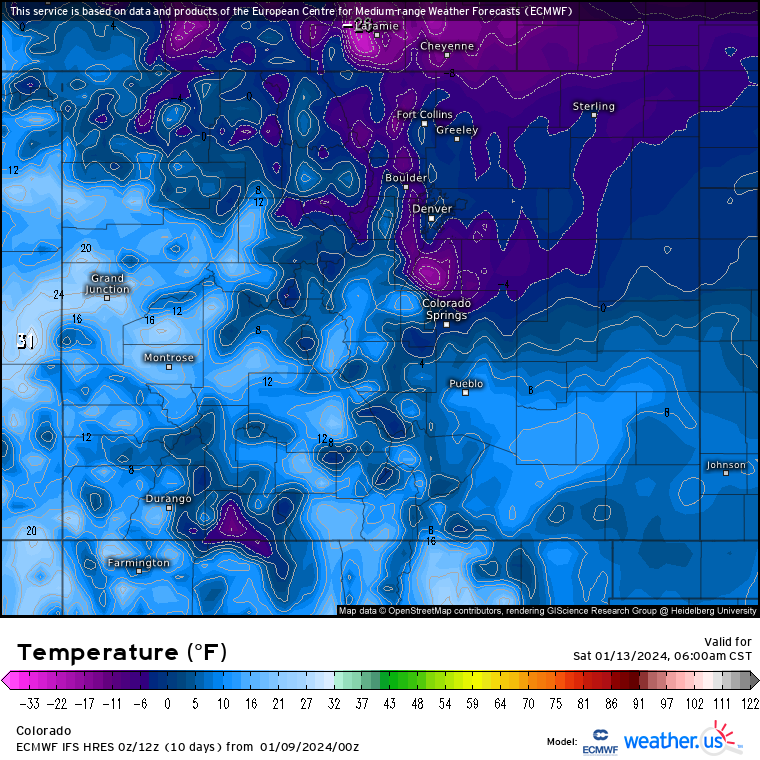 Colorado is forecast to see below zero low temperatures overnight Friday into Saturday as an arctic air mass moves southeast from Canada into the lower 48 states of the United States. Lows are forecast to bottom out between 4 and -2 degrees from Laramie, Wyoming to Colorado Springs, Colorado. (Weather.us)