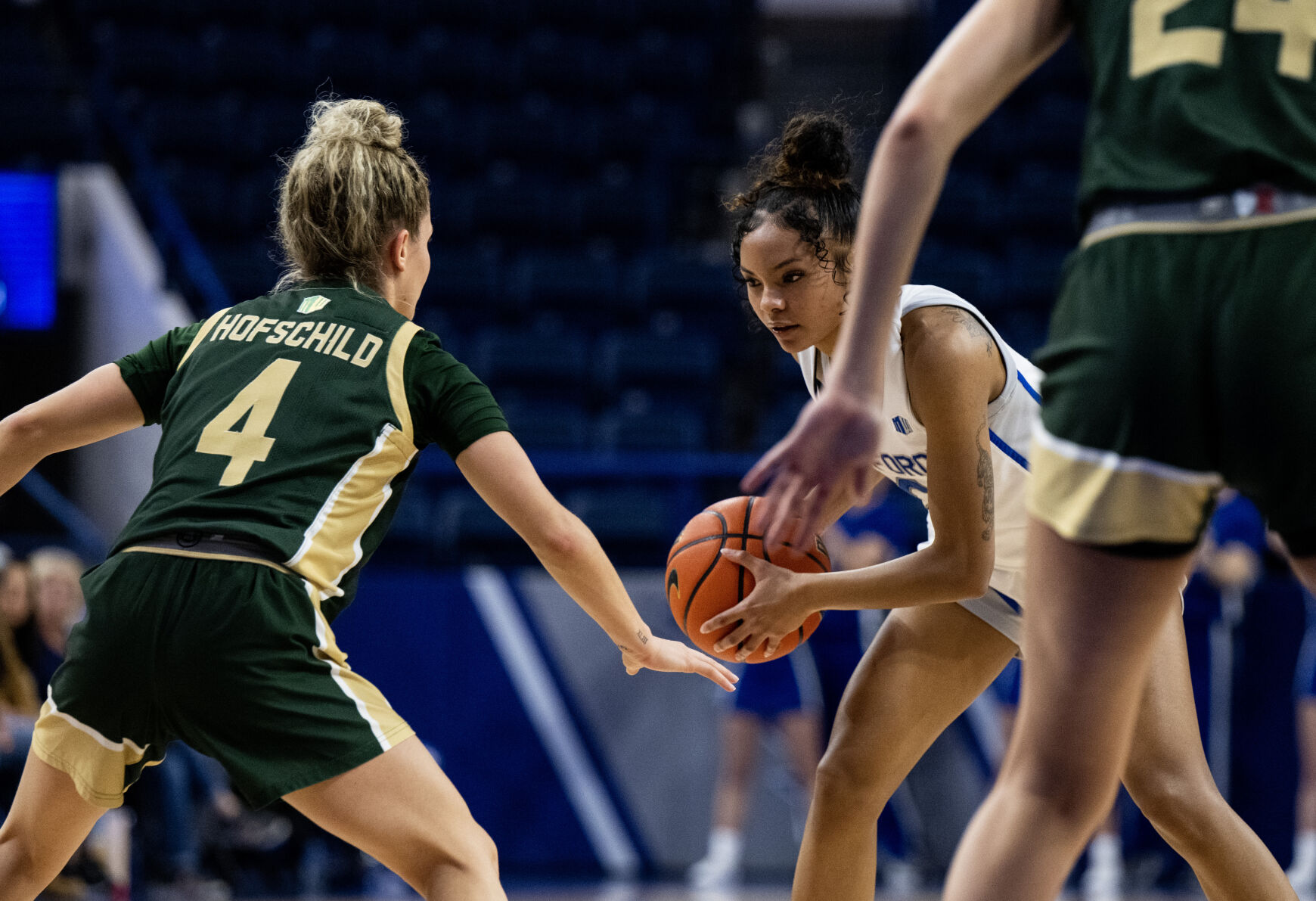 Air Force guard Milahnie Perry (2) gets ready to pass the ball in the first half of a NCAA basketball game against Colorado State University on Wednesday, Jan. 31, 2024, at Air Force Academy, Colo. (Parker Seibold, The Gazette) (Parker Seibold)
