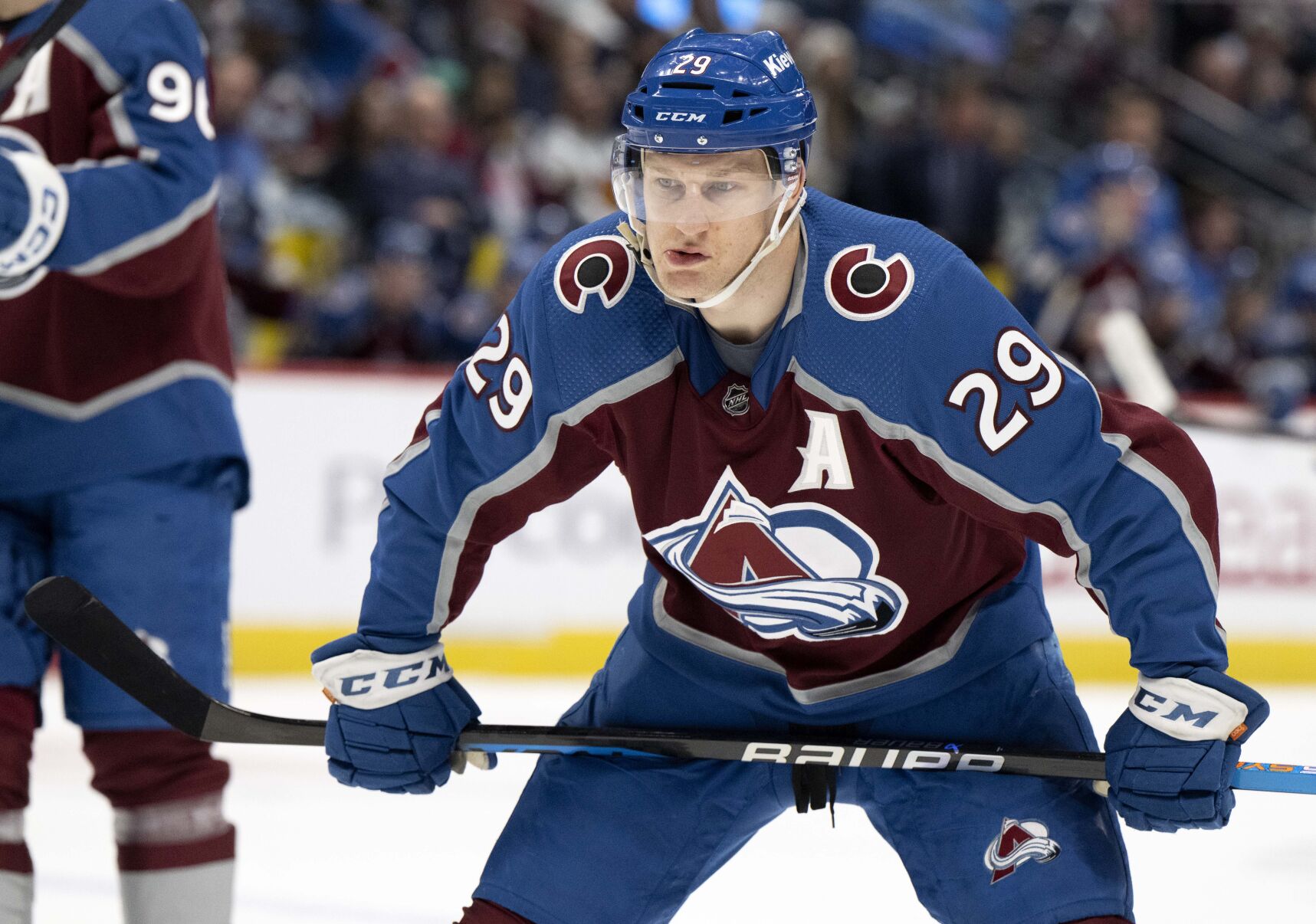 Colorado Avalanche center Nathan MacKinnon (29) prepares for a face off in the Vegas Golden Knights end during the first period Wednesday, Jan. 10, 2024, at Ball Arena in Denver. (The Gazette, Christian Murdock) (Christian Murdock/The Gazette)