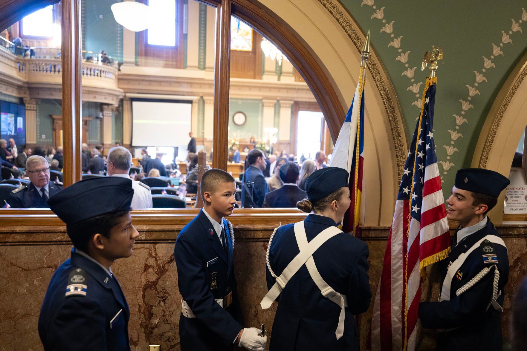 Color guards, from left, Shawn Nelson, Zion Brown, Madison Meyer and Merck Howell wait to present the colors outside the House chambers before the convening of the first day of Colorado's 2024 legislative session at the Colorado State Capitol building on Wednesday, Jan. 10, 2024, in Denver, Colo.(Timothy Hurst/Denver Gazette) (TimHursttim.hurst@gazette.comhttps://secure.gravatar.com/avatar/aca82bd62b4ee425c598527cd6faa1b1?d=mm&r=g)
