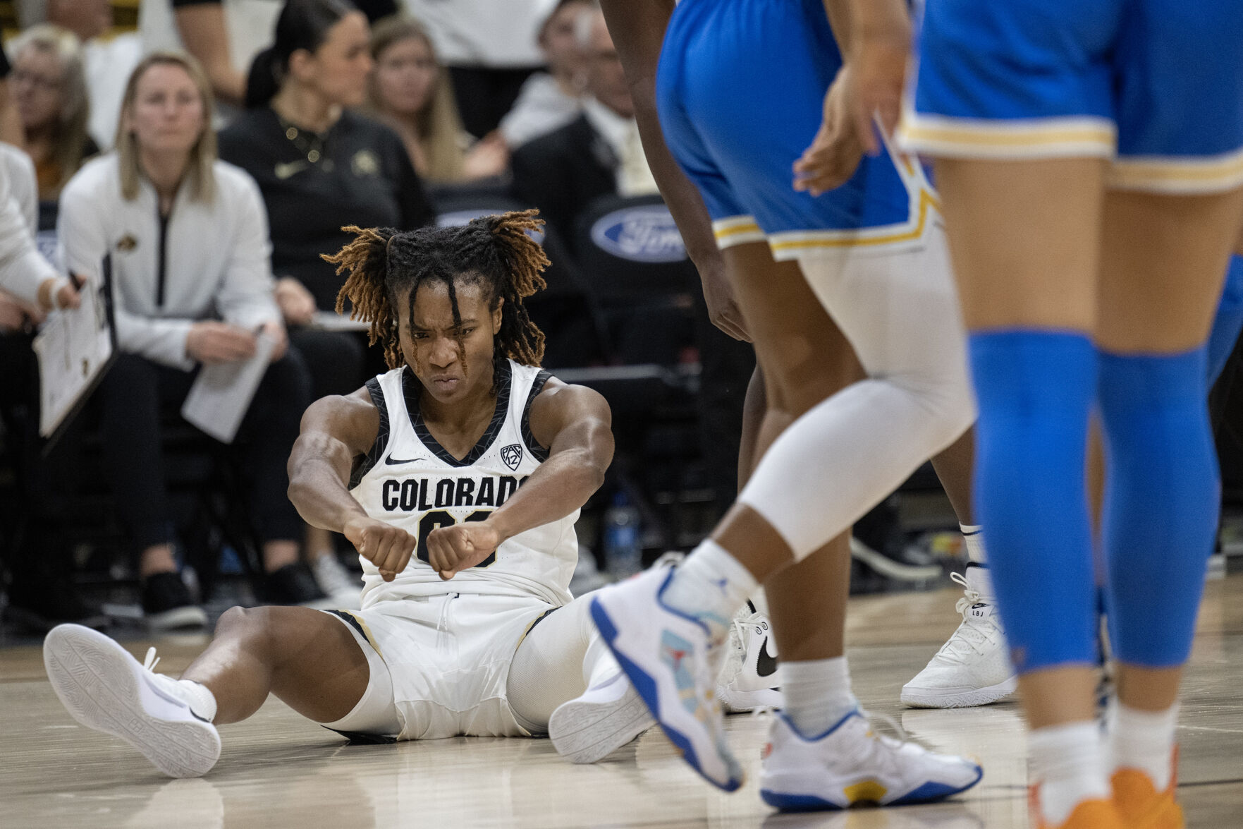 Colorado Buffaloes guard Jaylyn Sherrod (0) reacts to drawing the foul from UCLA Bruins forward Lina Sontag (21) on Friday, Jan. 19, 2024, at the CU Event Center in Boulder, Colo.(Timothy Hurst/Denver Gazette) (TimHursttim.hurst@gazette.comhttps://secure.gravatar.com/avatar/aca82bd62b4ee425c598527cd6faa1b1?d=mm&r=g)