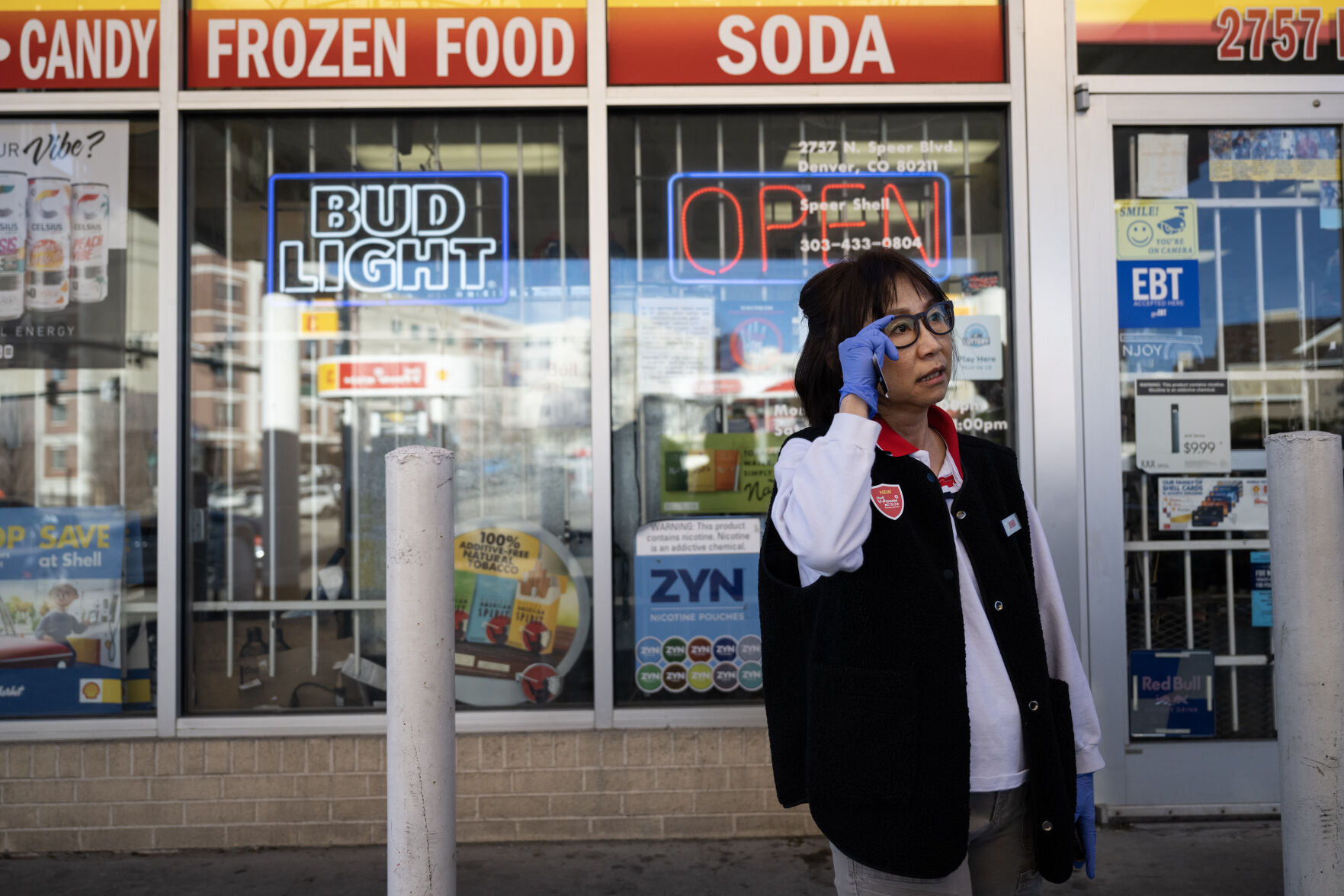 Tip Cordova, the owner of the Shell gas station at North Speer Boulevard and Zuni Street, expresses frustration over the lost business she’s been experiencing since migrants from the encampment behind her store have been congregating on the store’s property and deterring potential customers from pulling in, on Friday, Dec. 29, 2023, in Denver, Colo. (Timothy Hurst/Denver Gazette) (TimHursttim.hurst@gazette.comhttps://secure.gravatar.com/avatar/aca82bd62b4ee425c598527cd6faa1b1?d=mm&r=g)
