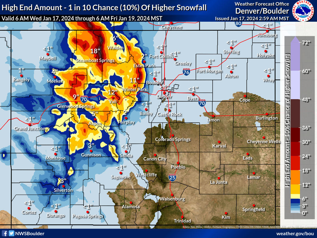 The 'high-end' snowfall scenario between Wednesday morning and Friday morning. Map: National Weather Service.