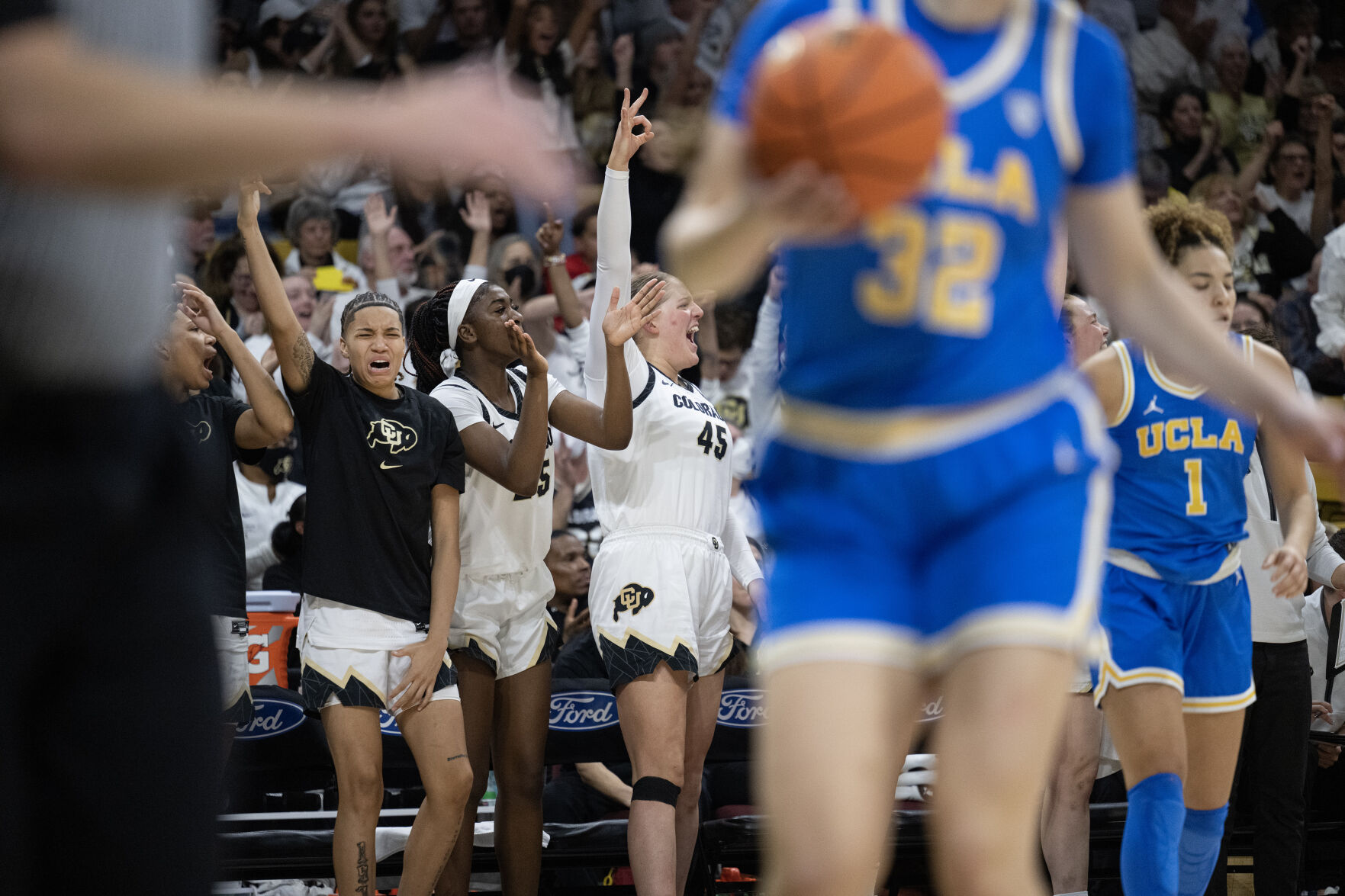 The Colorado Buffaloes bench react to a three-pointer by Colorado Buffaloes guard Tameiya Sadler (2) during a game against the UCLA Bruins on Friday, Jan. 19, 2024, at the CU Event Center in Boulder, Colo.(Timothy Hurst/Denver Gazette) (TimHursttim.hurst@gazette.comhttps://secure.gravatar.com/avatar/aca82bd62b4ee425c598527cd6faa1b1?d=mm&r=g)